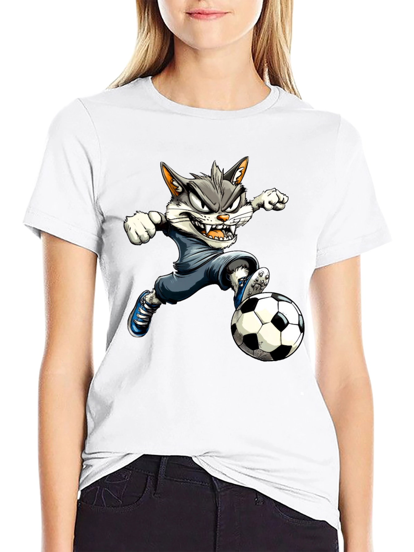 Cartoon Cat Soccer T-Shirt - Black Graphic Tee