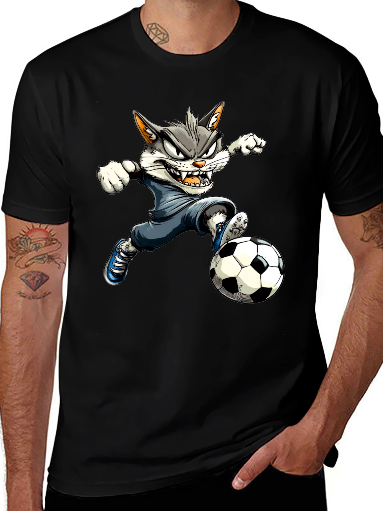 Cartoon Cat Soccer T-Shirt - Black Graphic Tee