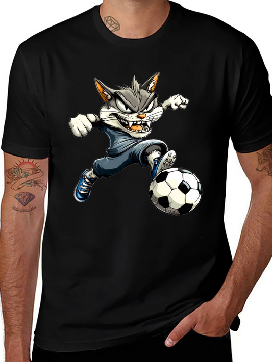Cartoon Cat Soccer T-Shirt - Black Graphic Tee