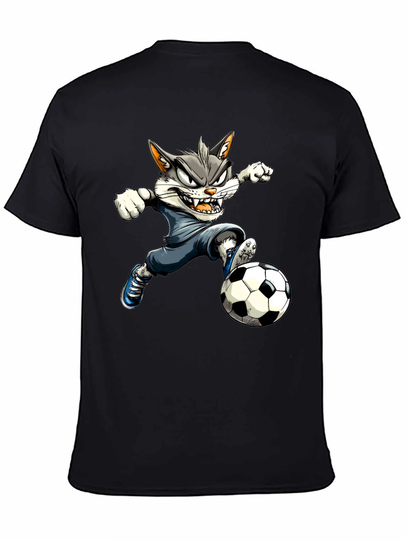 Cartoon Cat Soccer T-Shirt - Black Graphic Tee