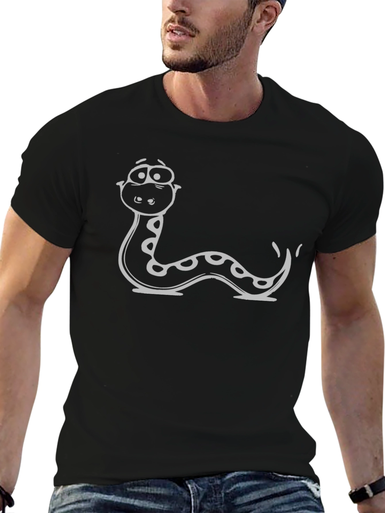Cartoon Snake Graphic Tee - Black Cotton T-Shirt
