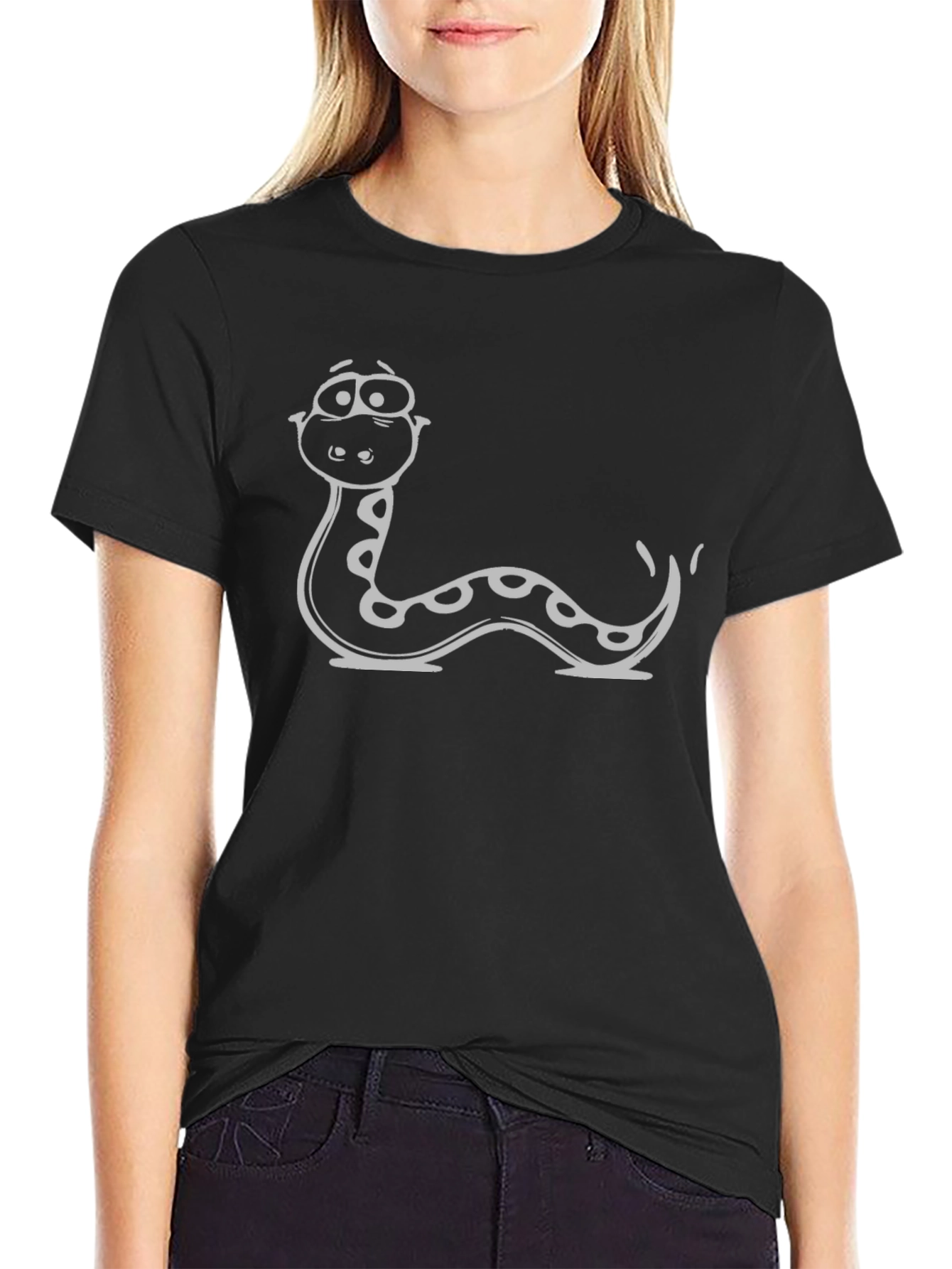 Cartoon Snake Graphic Tee - Black Cotton T-Shirt