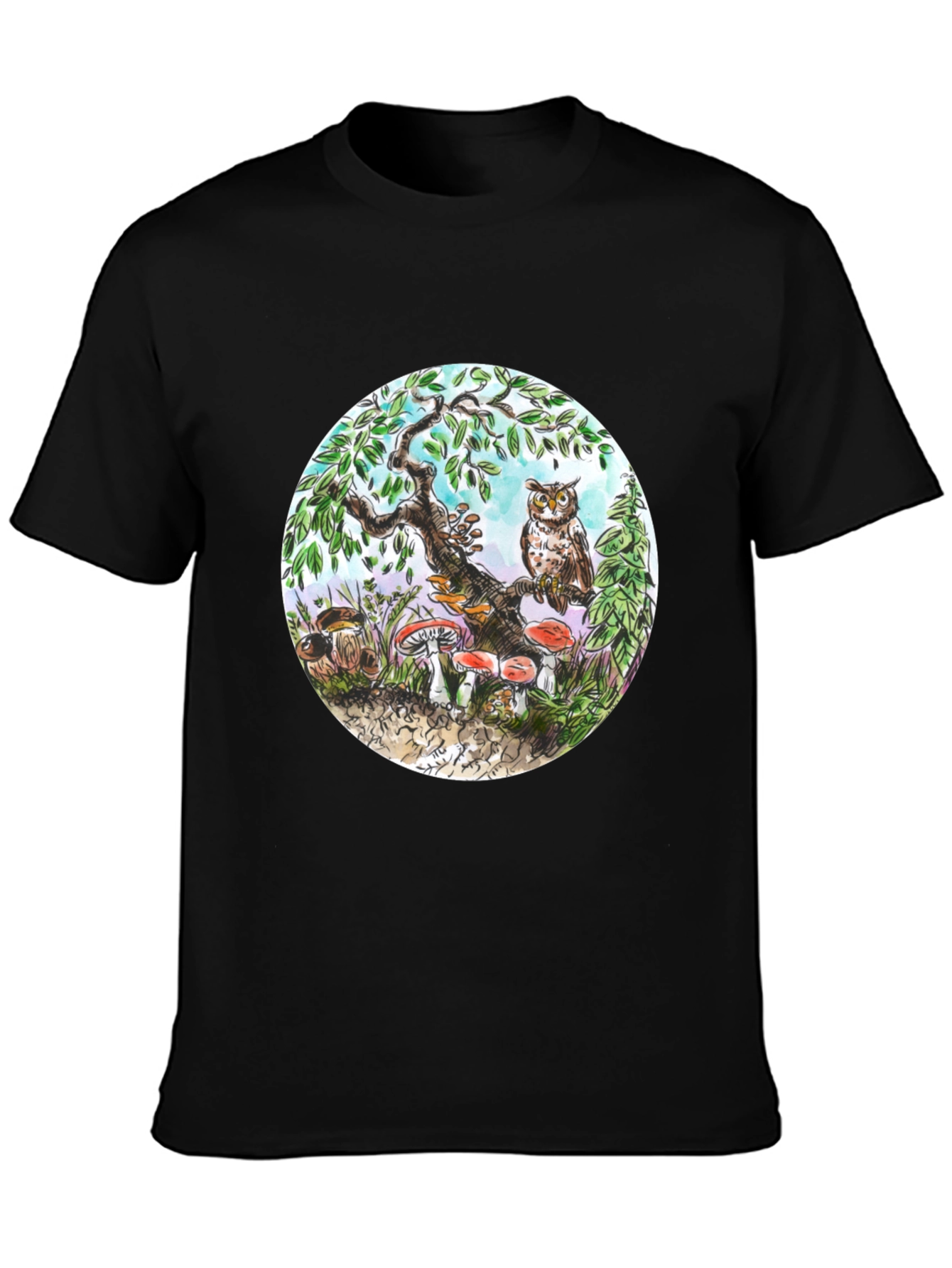 Whimsical Owl & Mushroom Graphic Tee