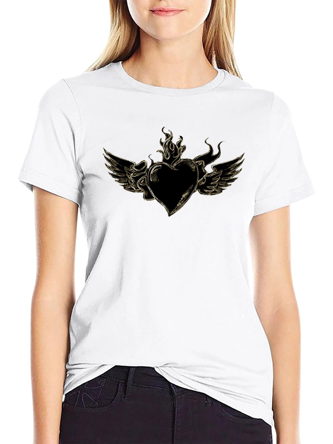 Mens Black T-Shirt with Heart and Wings Graphic