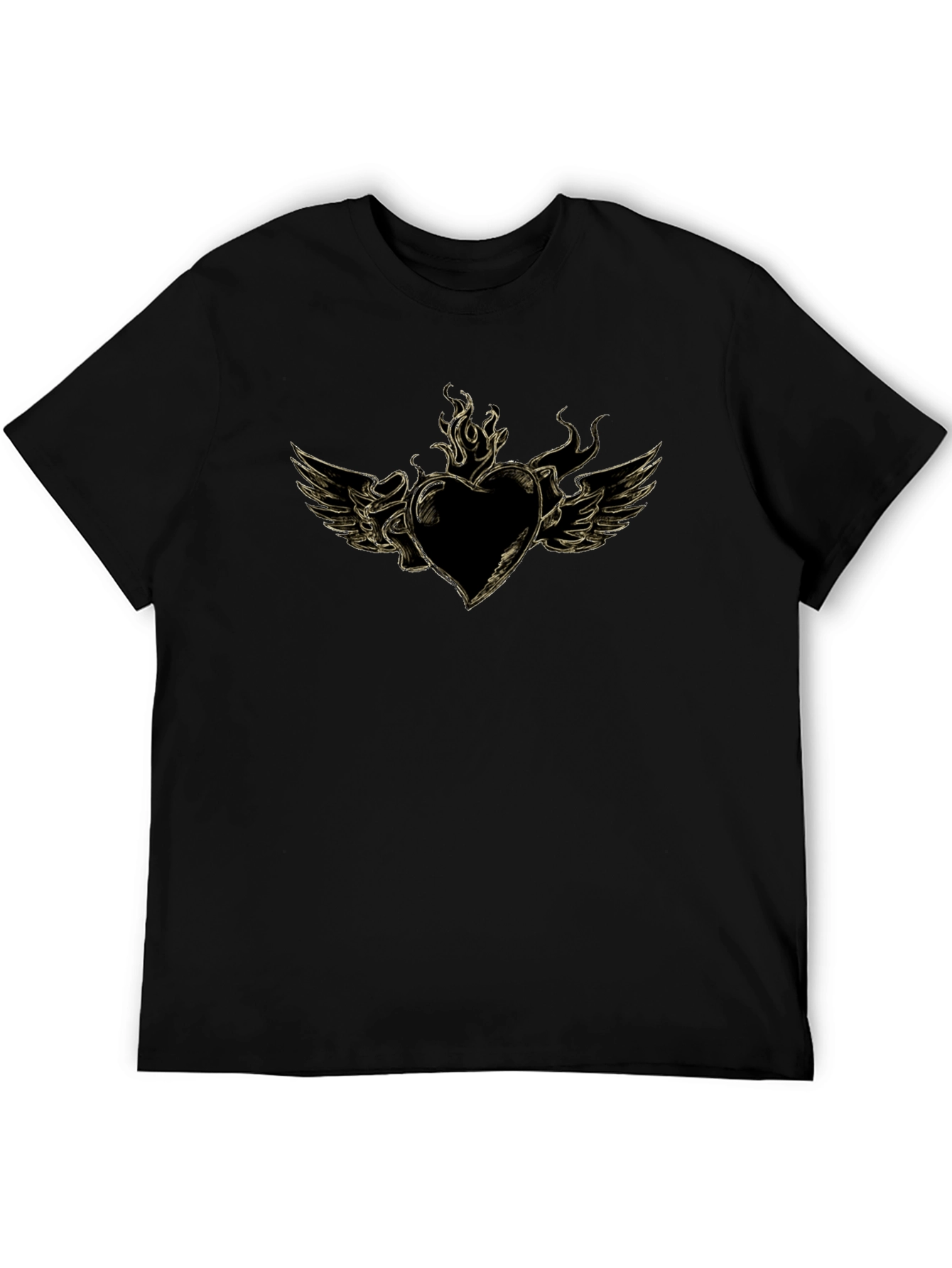 Mens Black T-Shirt with Heart and Wings Graphic