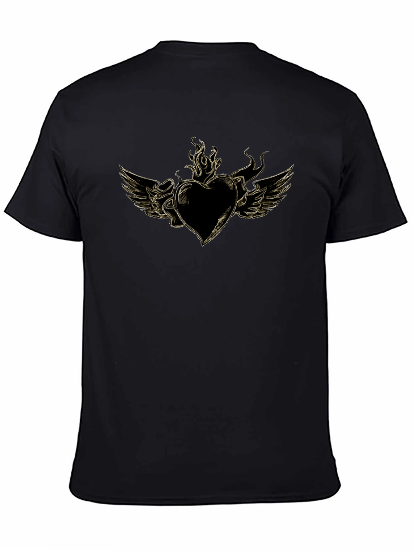 Mens Black T-Shirt with Heart and Wings Graphic