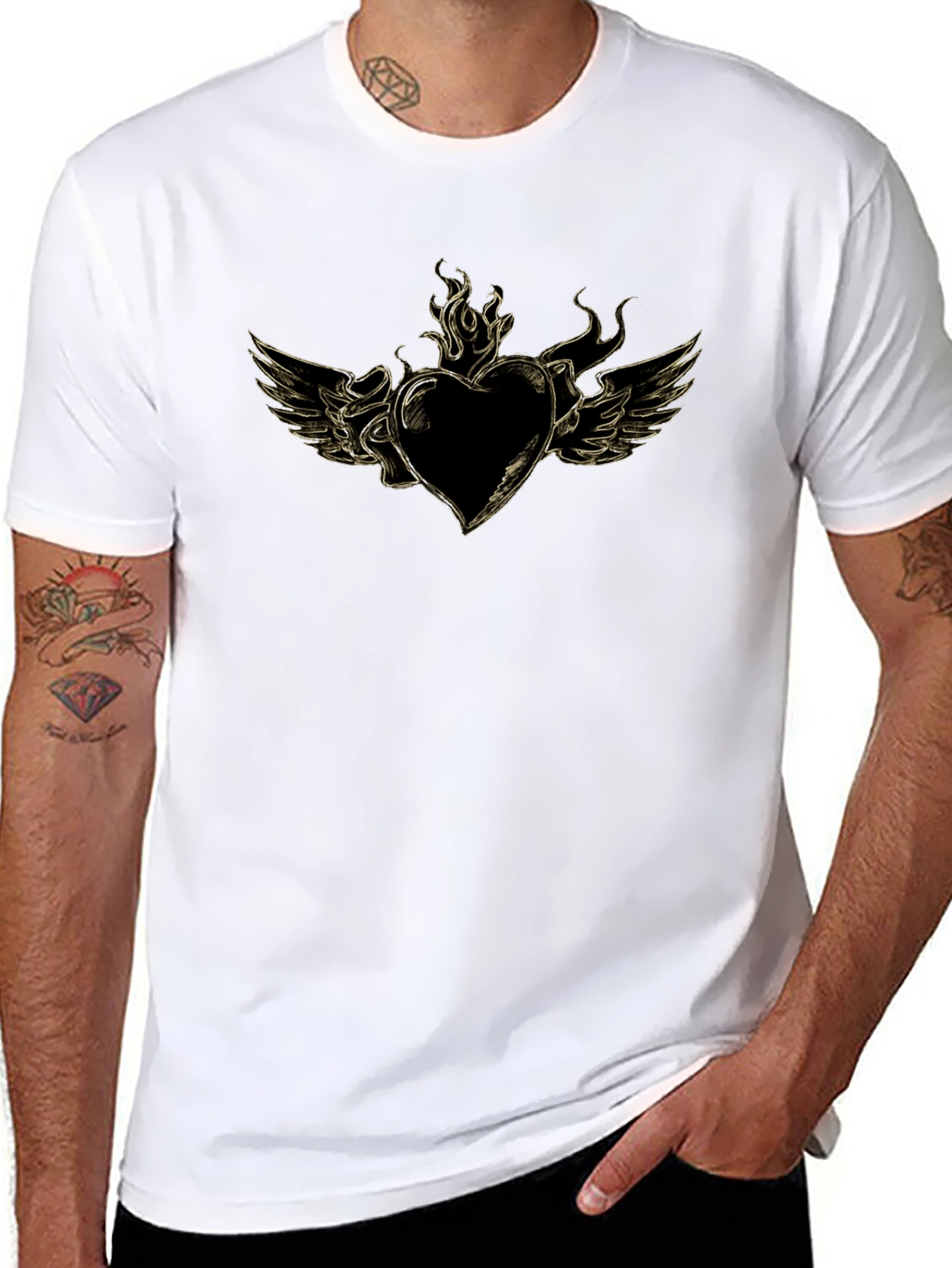 Mens Black T-Shirt with Heart and Wings Graphic