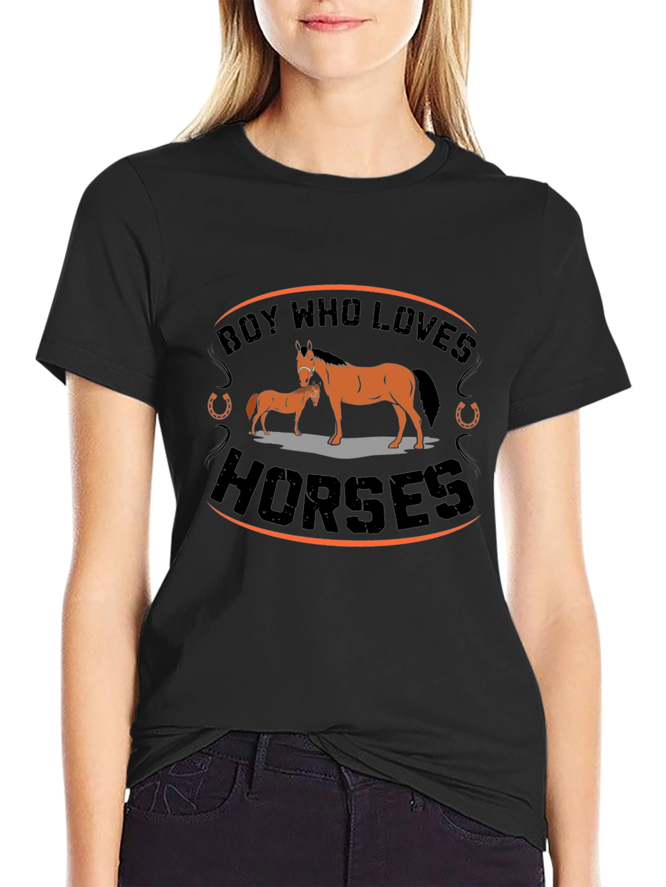 Boy Who Loves Horses Graphic T-Shirt - Black