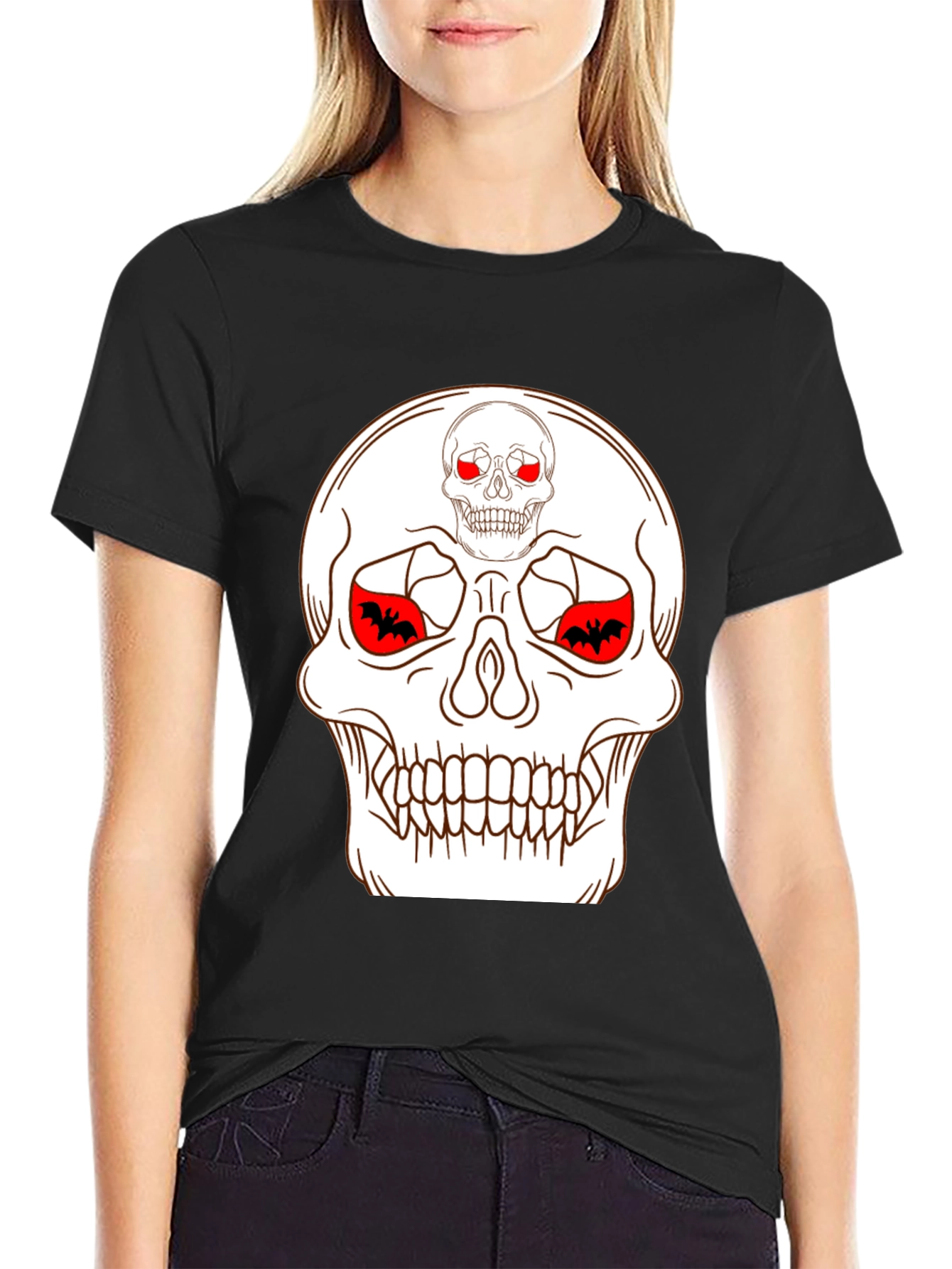 Skull & Bats Graphic Tee - Black Halloween Shirt