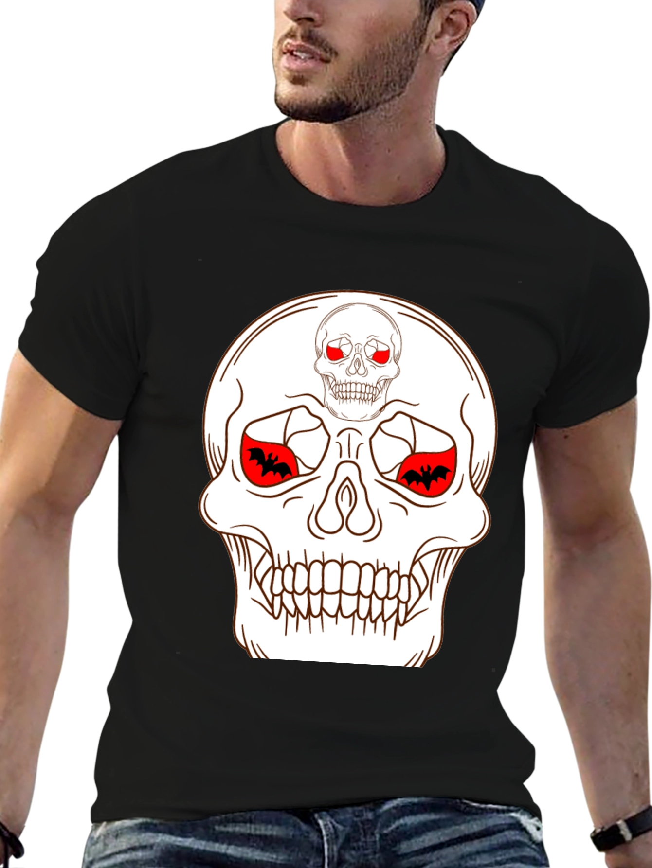 Skull & Bats Graphic Tee - Black Halloween Shirt