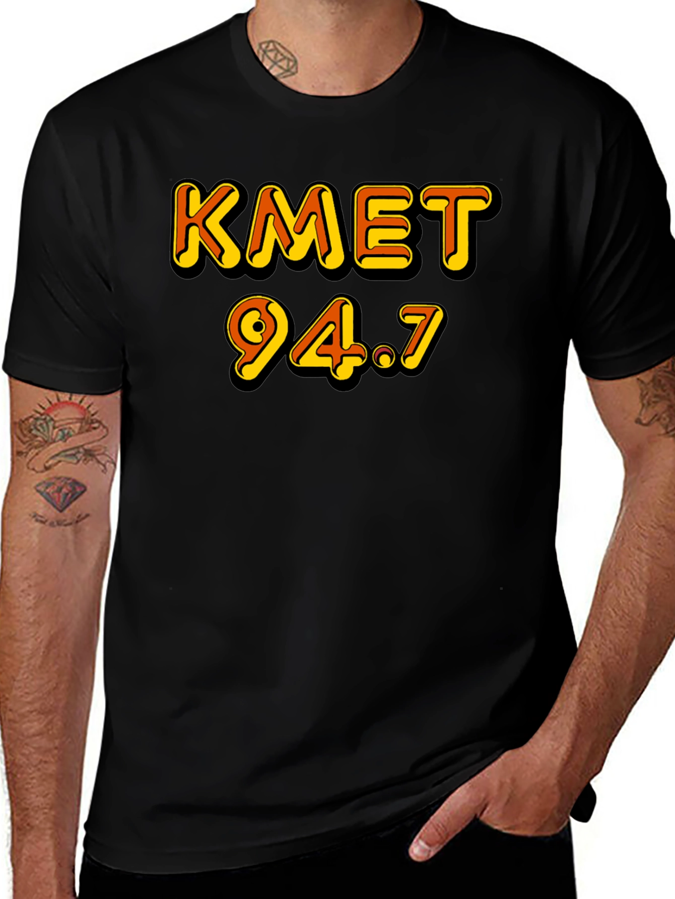 KMET 94.7 Black T-Shirt Retro Radio Station Style