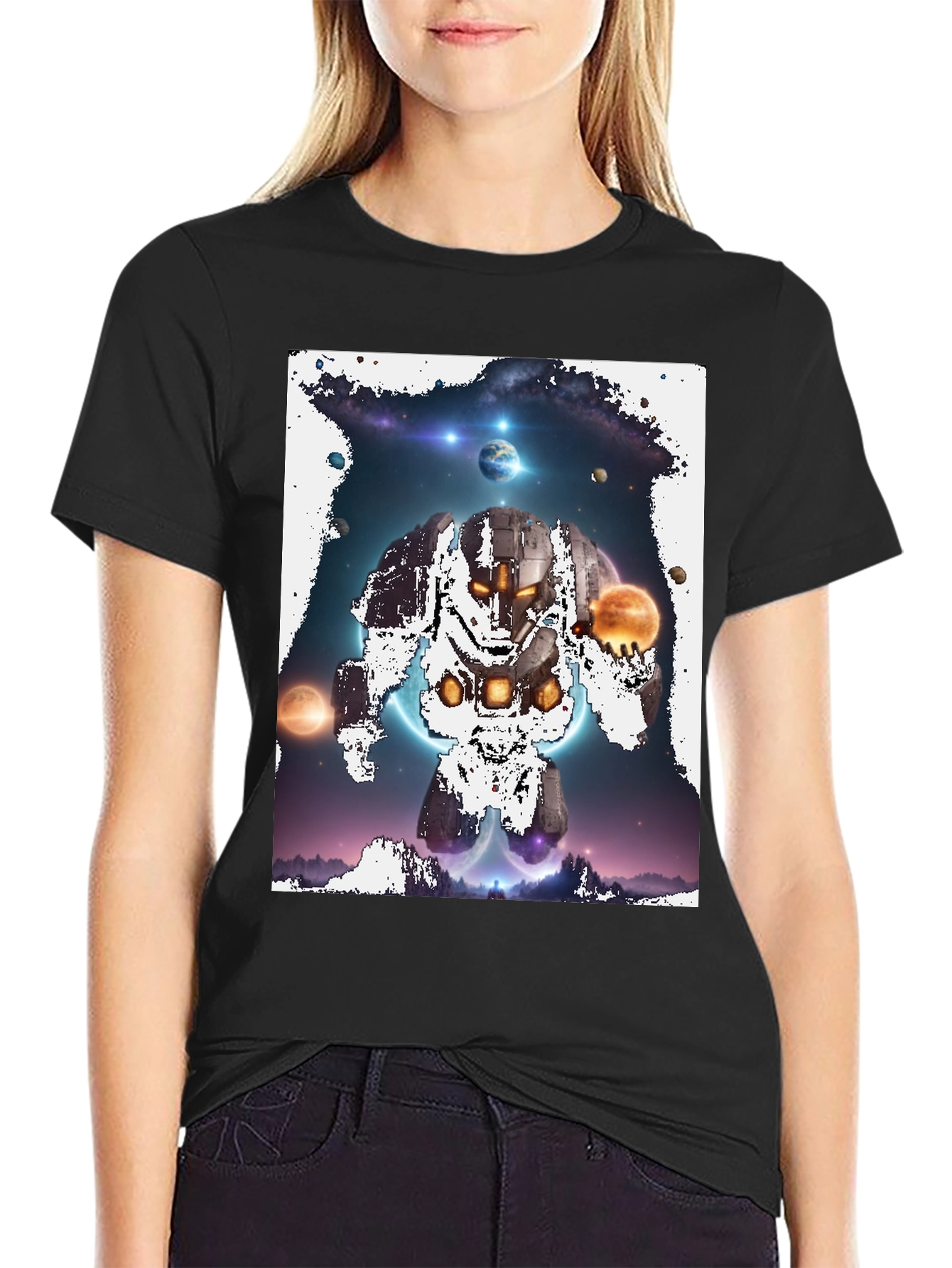 Cosmic Robot Graphic Tee - Galaxy Universe Print