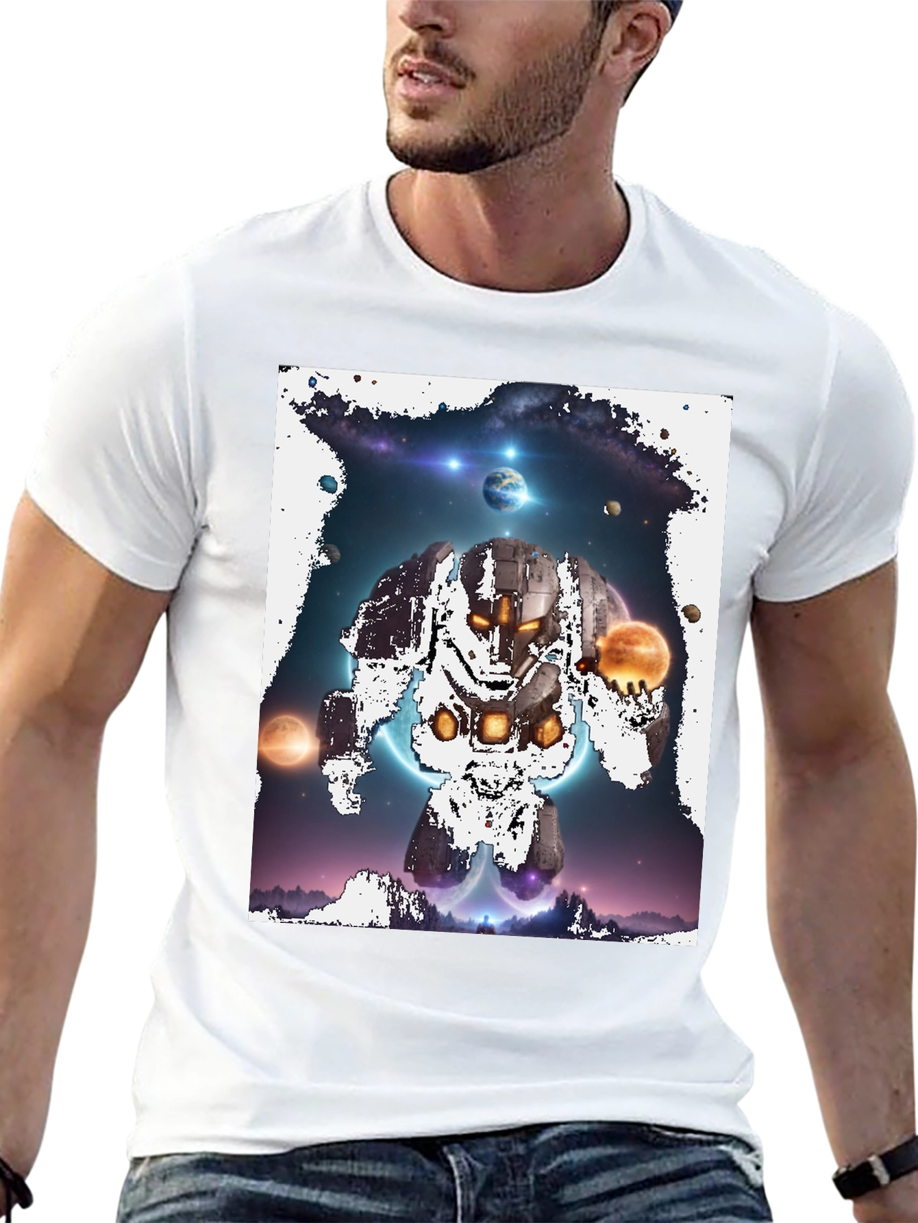 Cosmic Robot Graphic Tee - Galaxy Universe Print