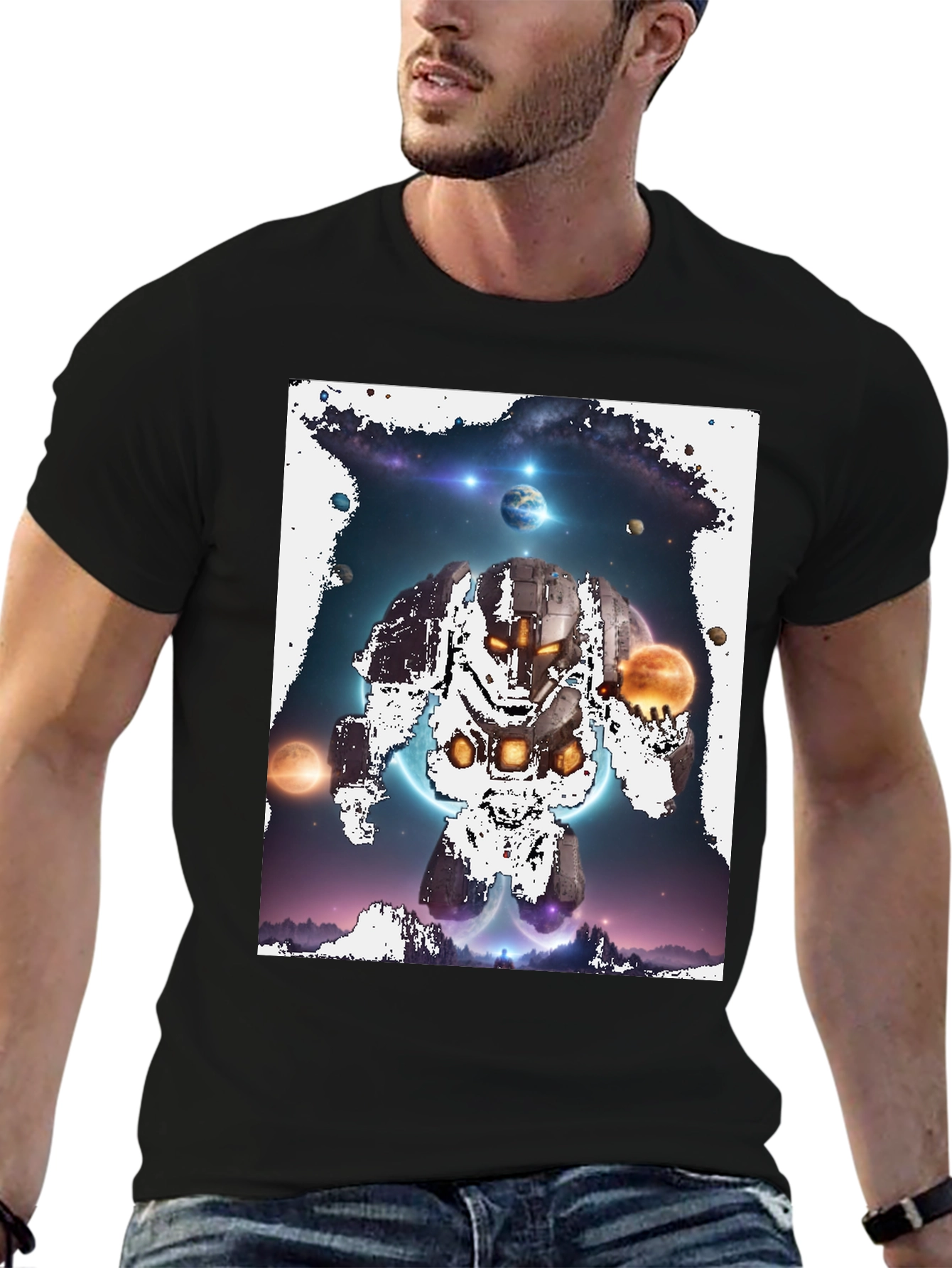 Cosmic Robot Graphic Tee - Galaxy Universe Print