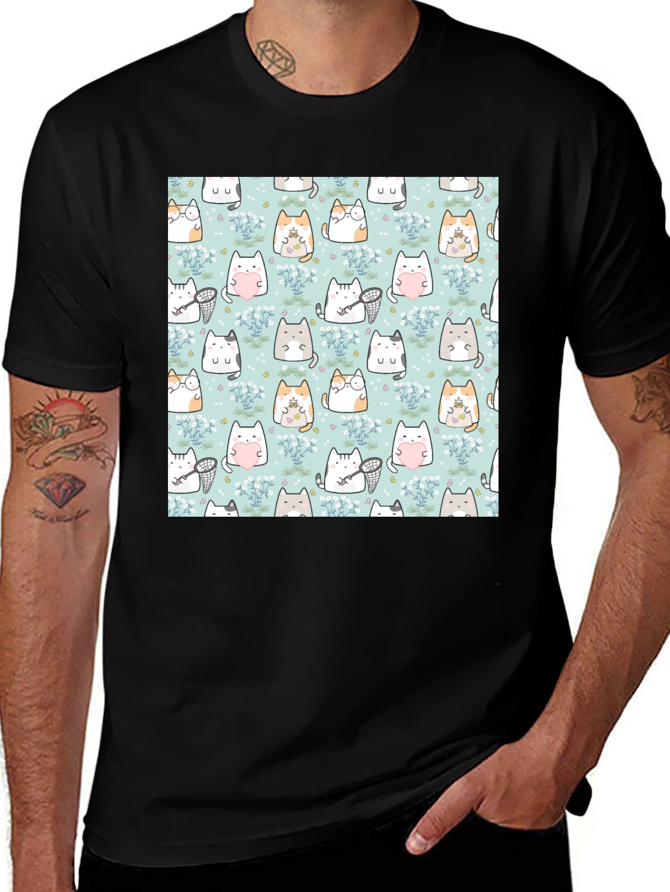 Cute Cat Pattern T-Shirt | Black