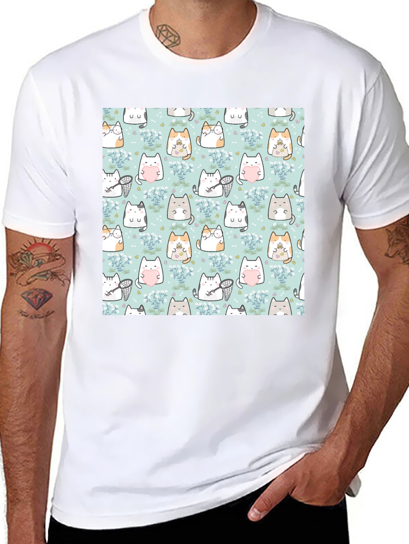 Cute Cat Pattern T-Shirt | Black