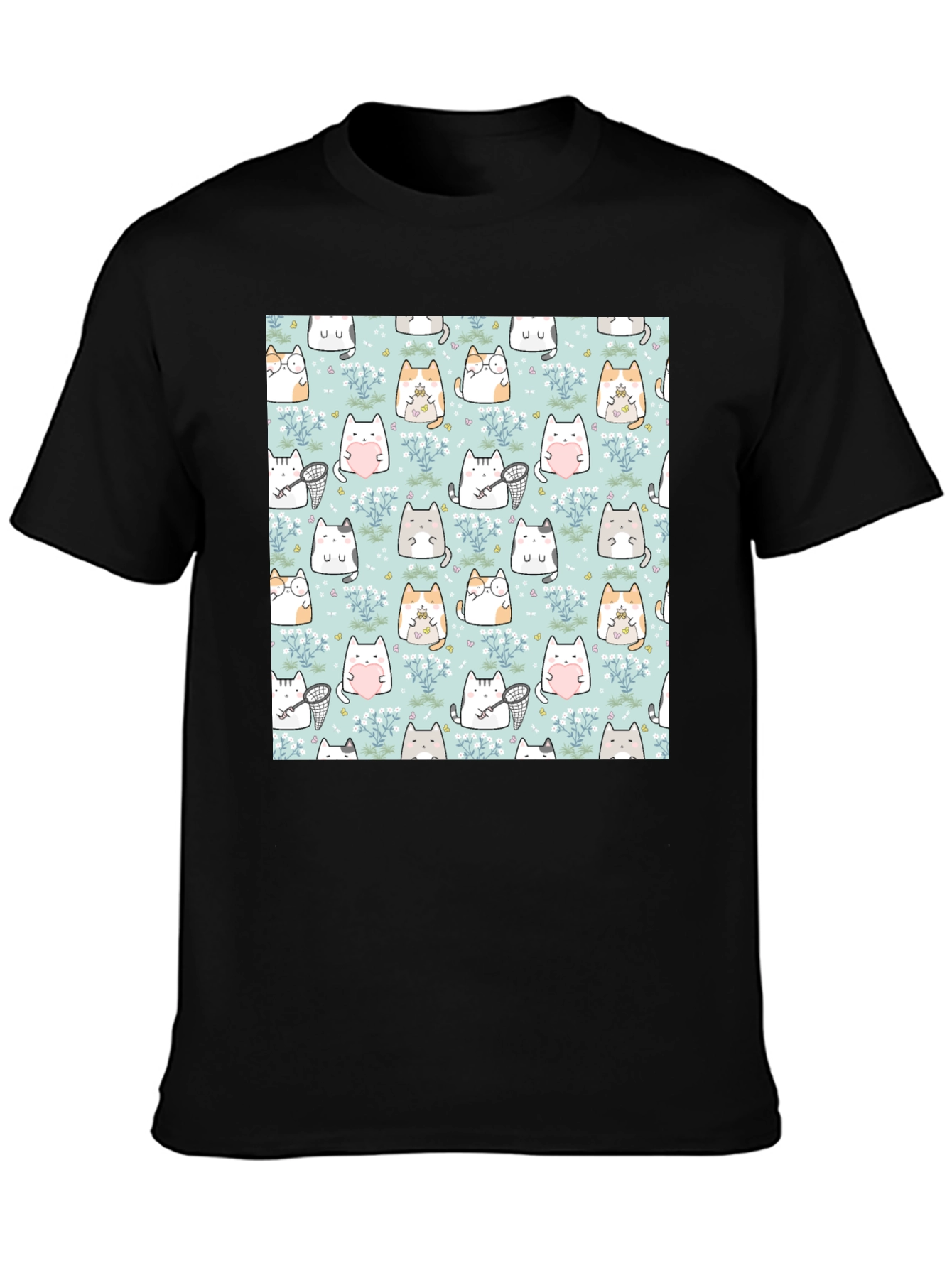 Cute Cat Pattern T-Shirt | Black