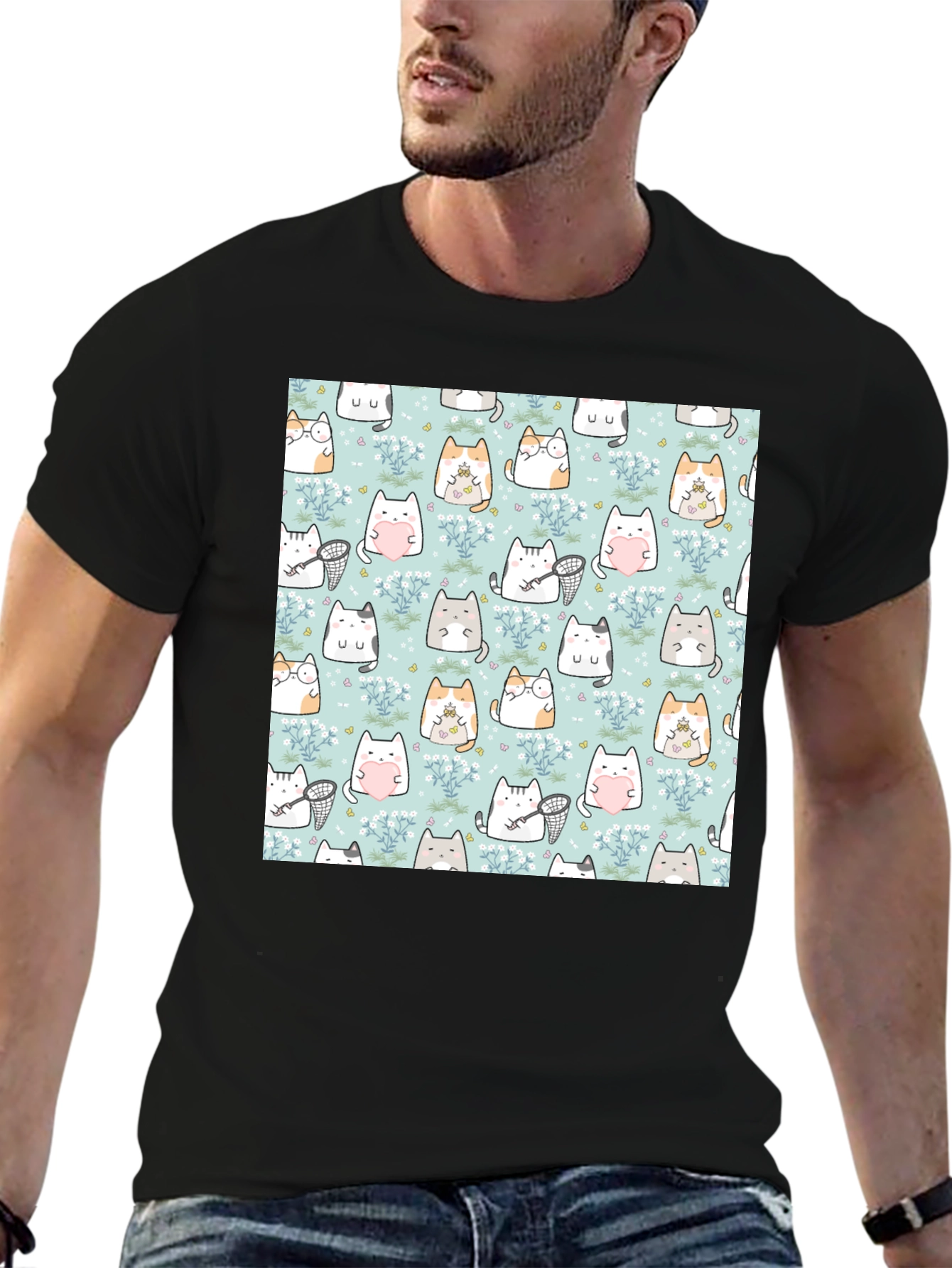 Cute Cat Pattern T-Shirt | Black