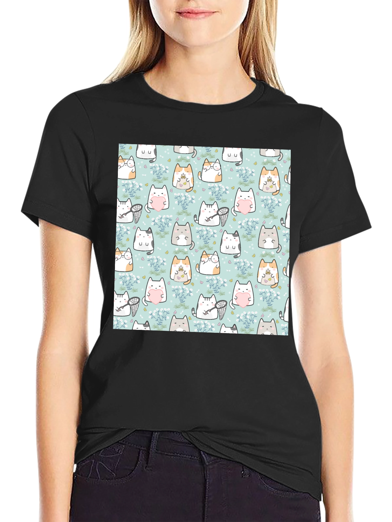 Cute Cat Pattern T-Shirt | Black