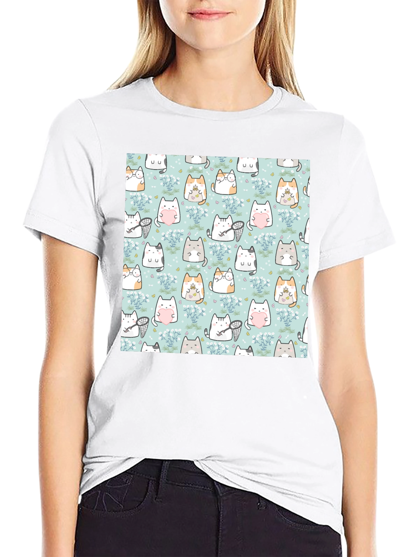 Cute Cat Pattern T-Shirt | Black