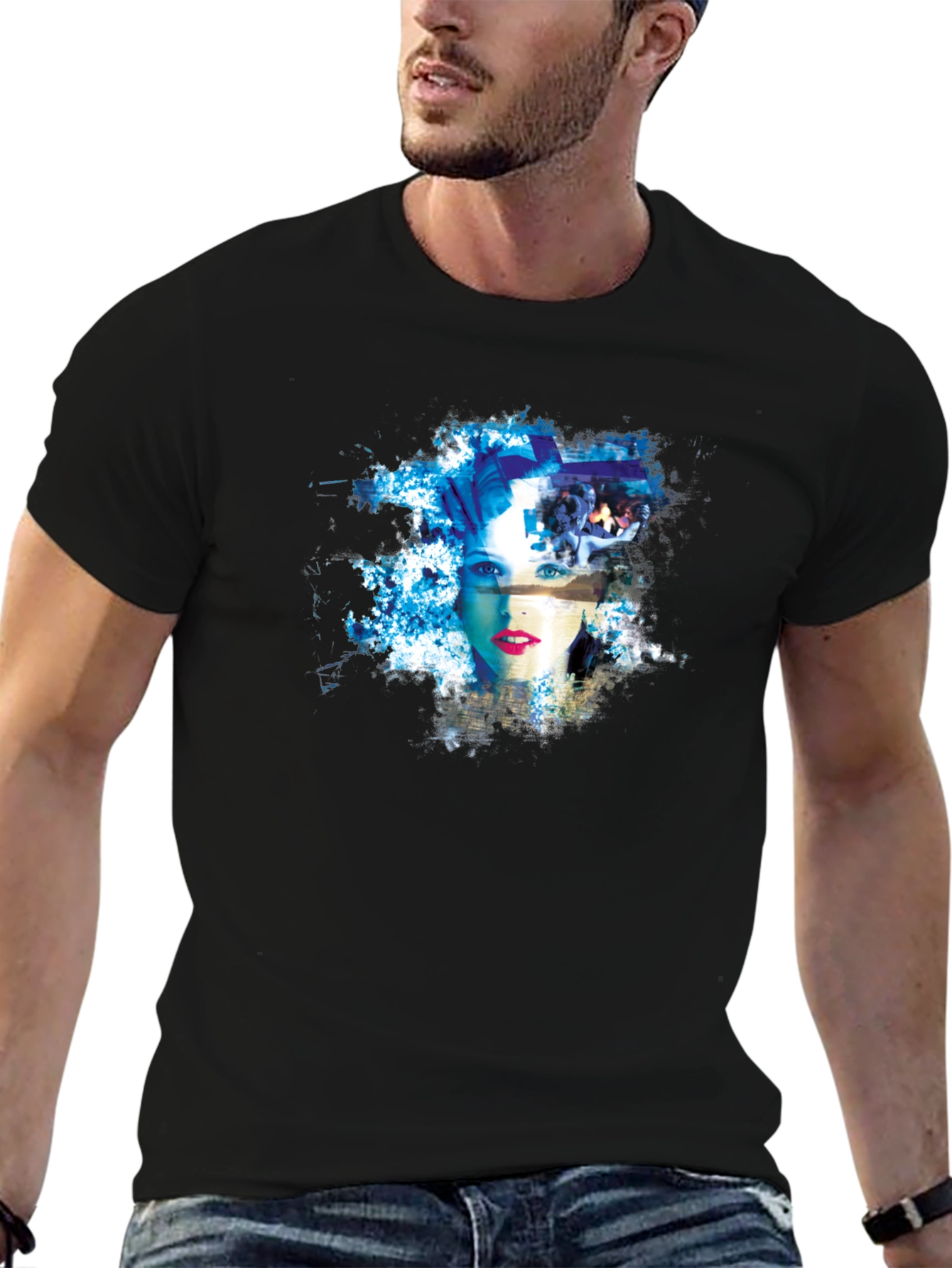 Abstract Womans Face Graphic Tee - Black Cotton Blend
