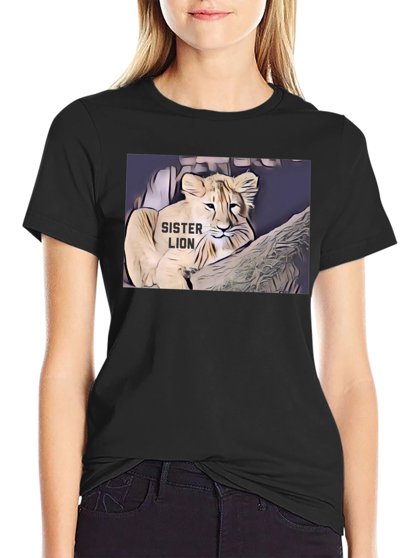 Sister Lion Graphic Tee - Black Cotton T-Shirt