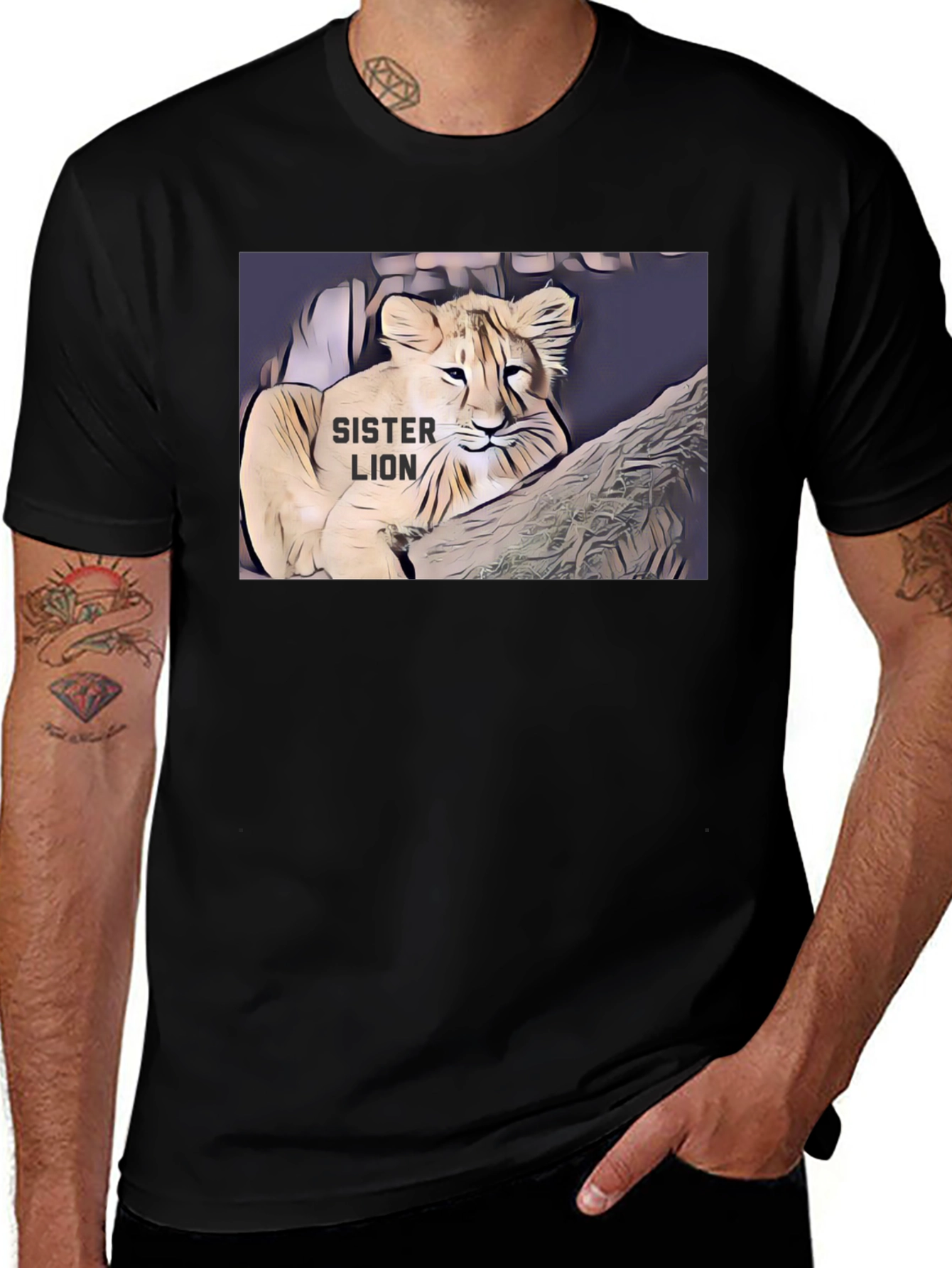Sister Lion Graphic Tee - Black Cotton T-Shirt
