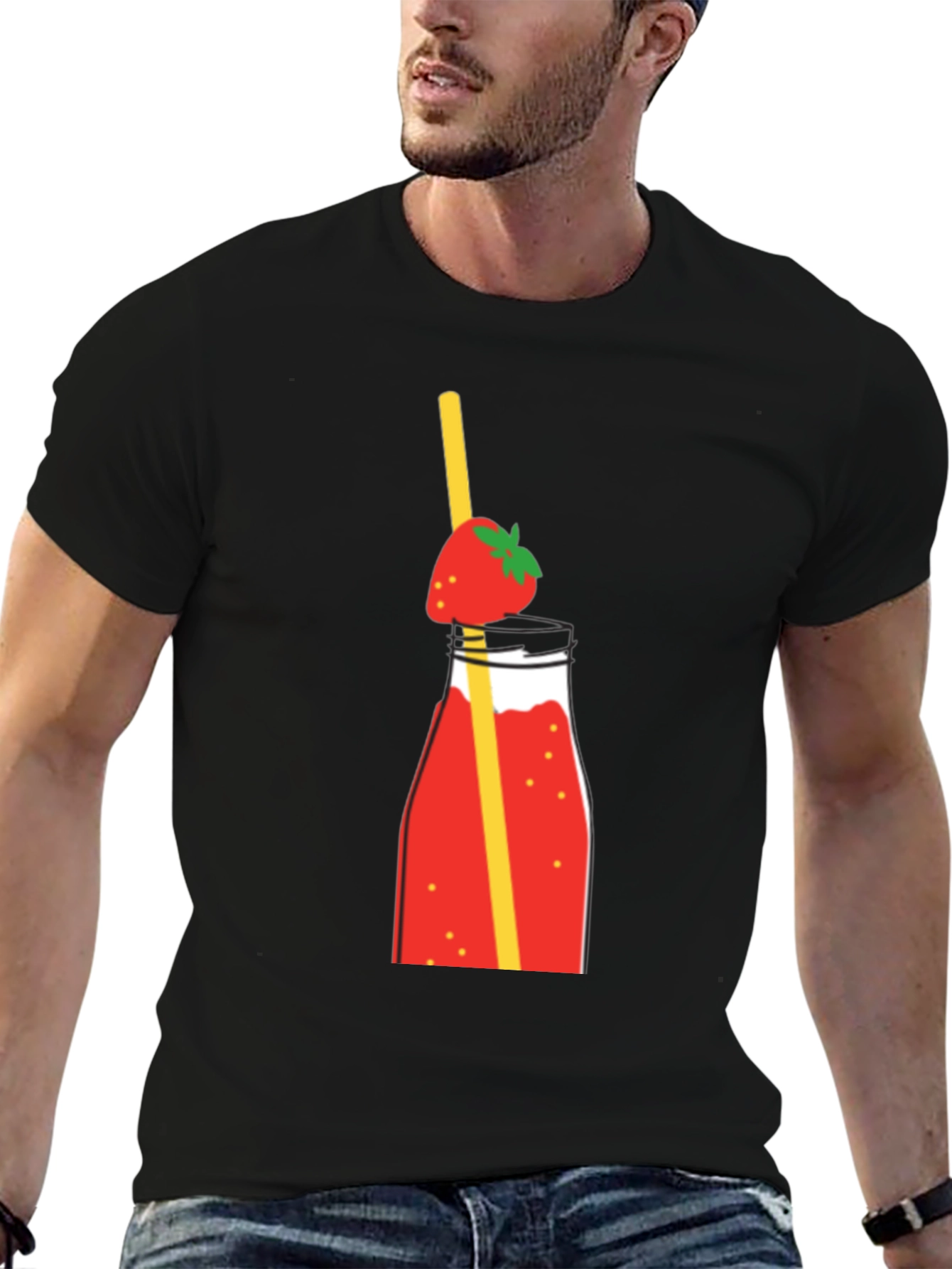 Strawberry Smoothie Graphic Tee - Casual Black T-Shirt