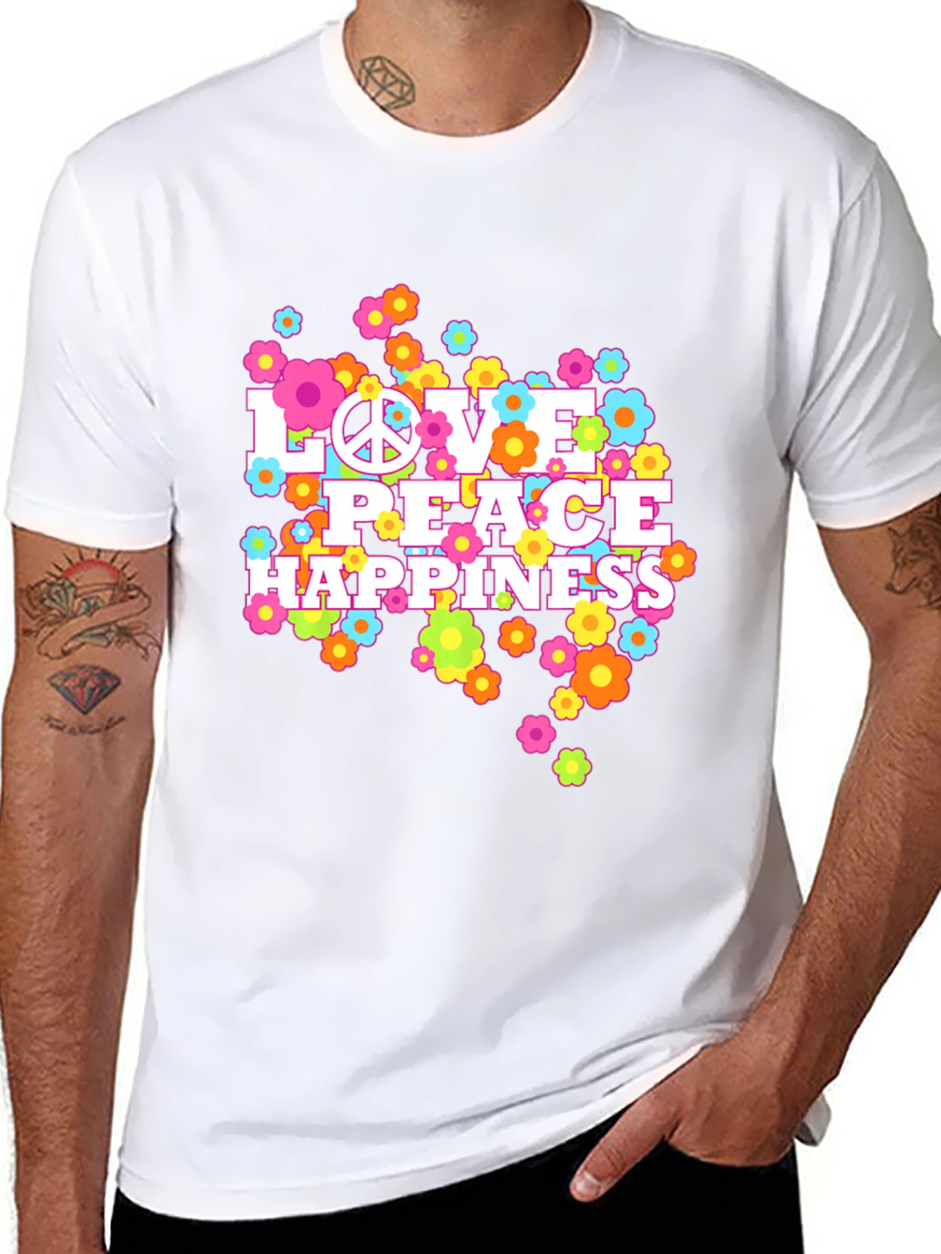 Love Peace Happiness Graphic Tee - Retro Style