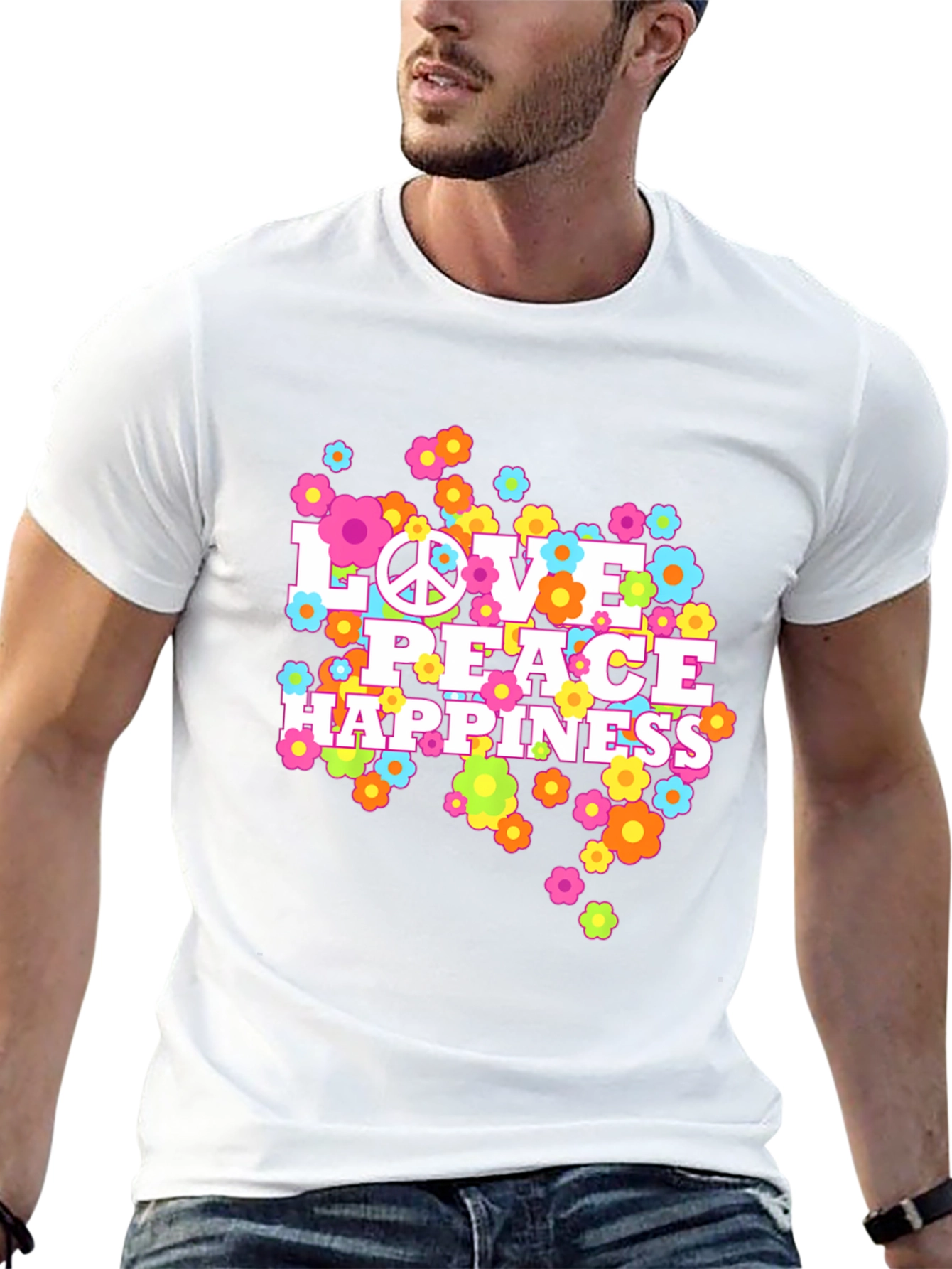 Love Peace Happiness Graphic Tee - Retro Style