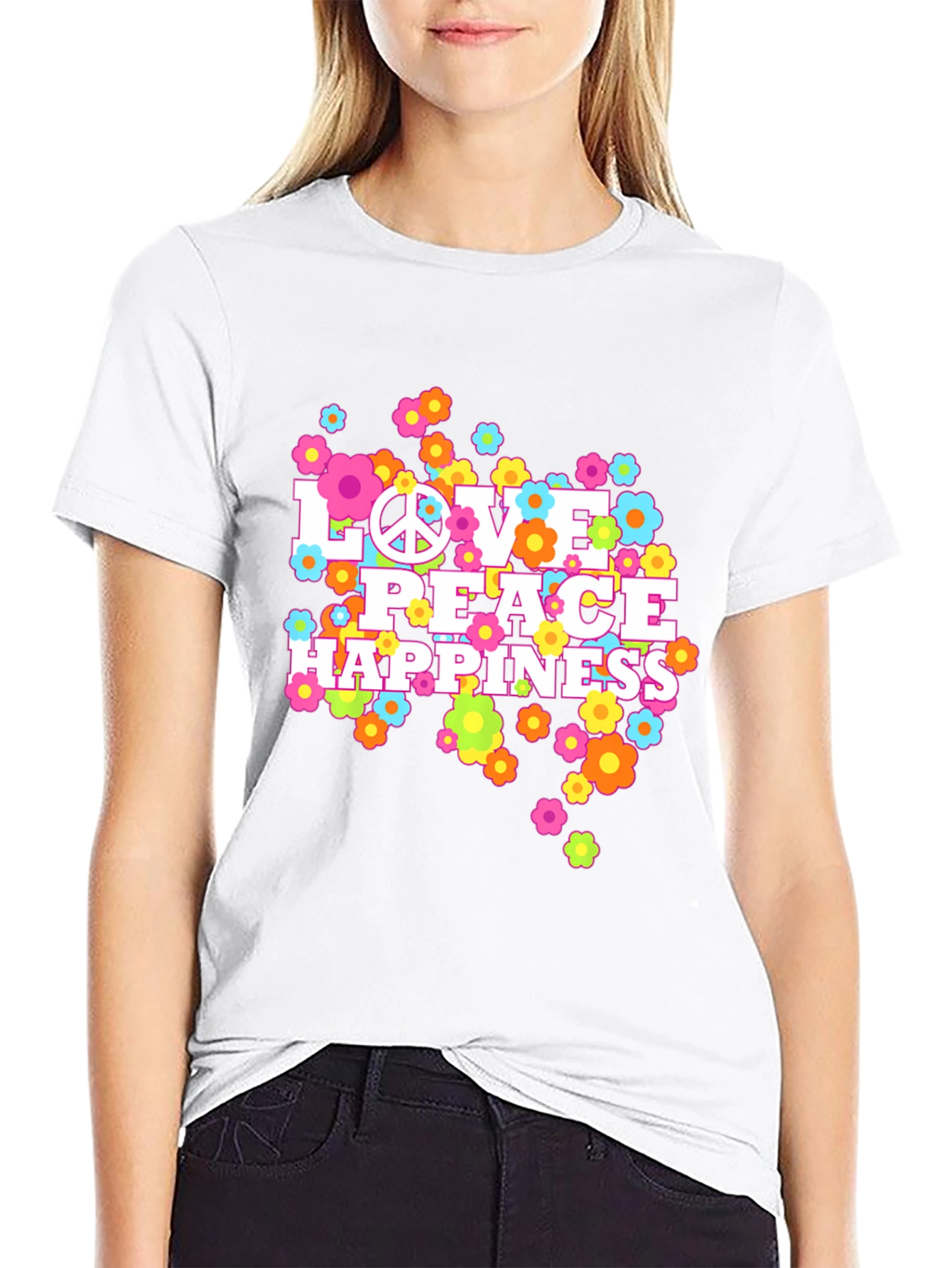 Love Peace Happiness Graphic Tee - Retro Style