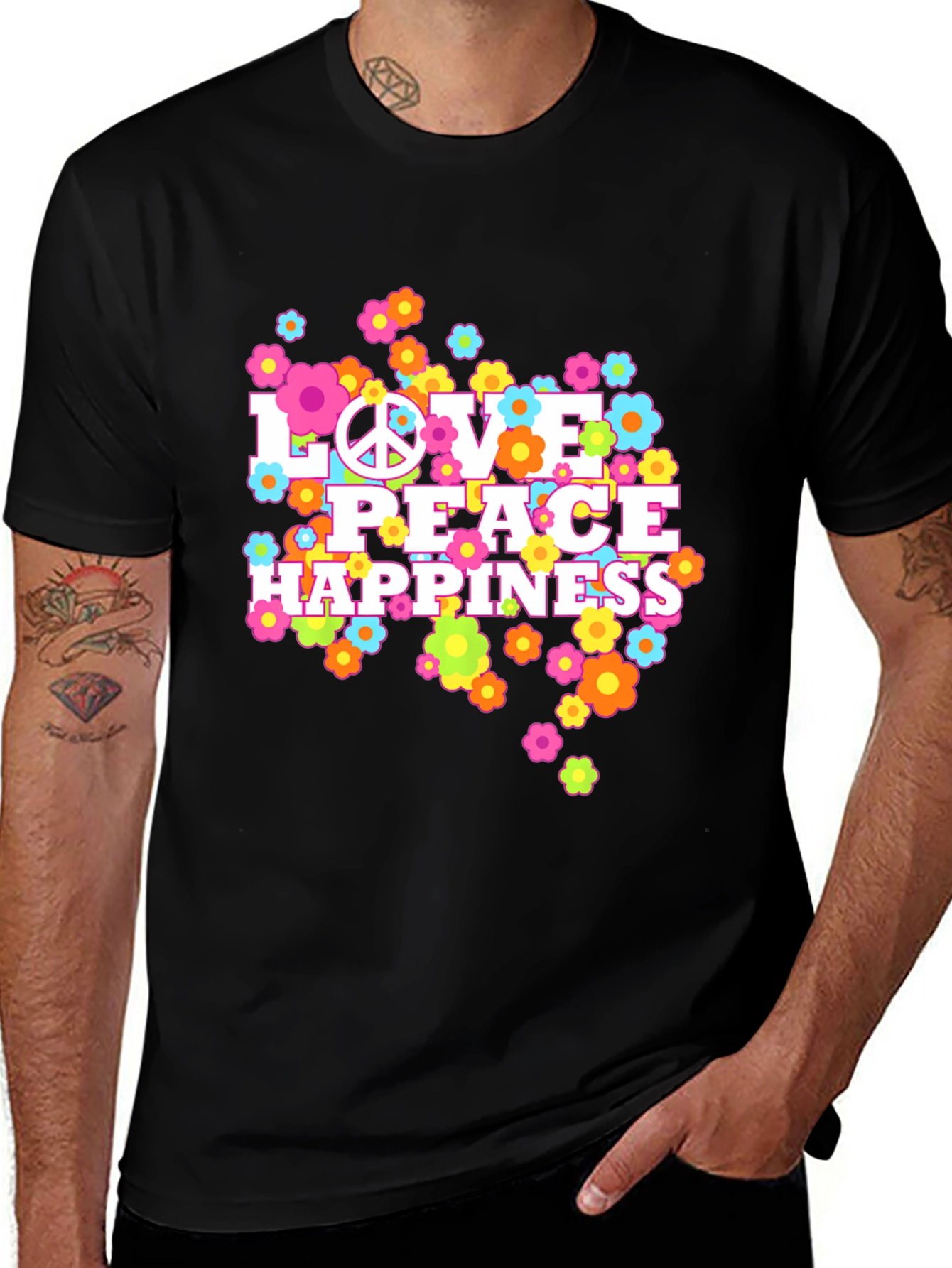 Love Peace Happiness Graphic Tee - Retro Style