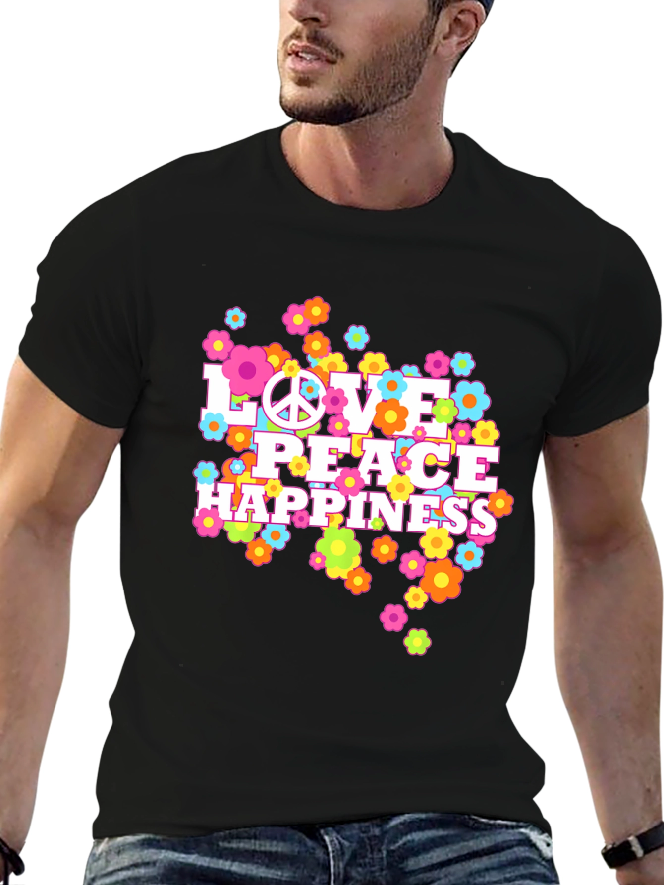 Love Peace Happiness Graphic Tee - Retro Style