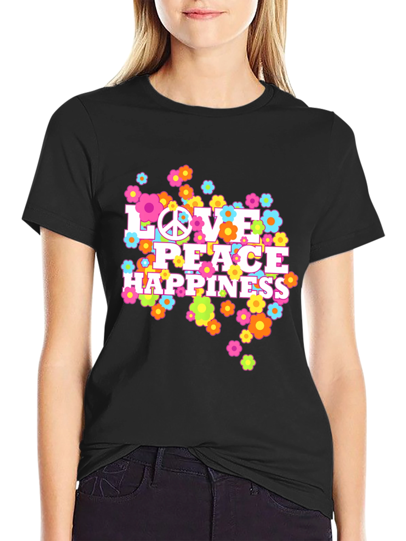 Love Peace Happiness Graphic Tee - Retro Style