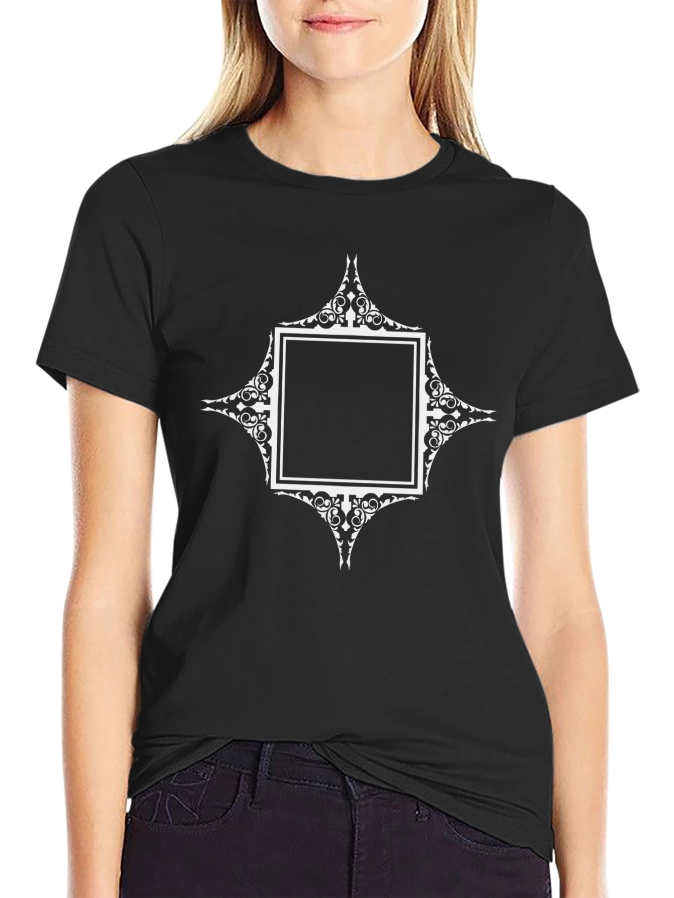 Black T-Shirt with Ornate Square Graphic Design