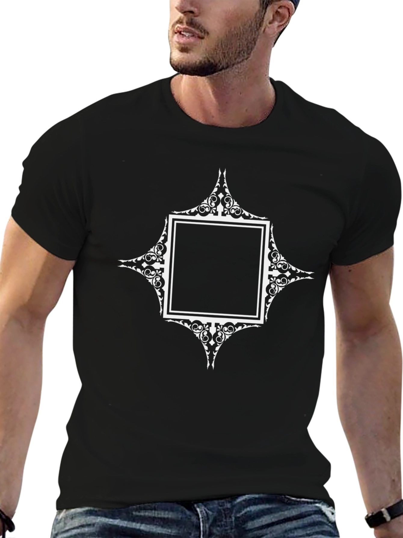 Black T-Shirt with Ornate Square Graphic Design