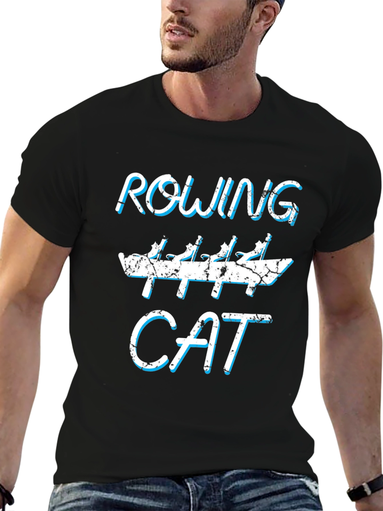 Rowing Cat Graphic Tee - Funny Black Cotton T-Shirt