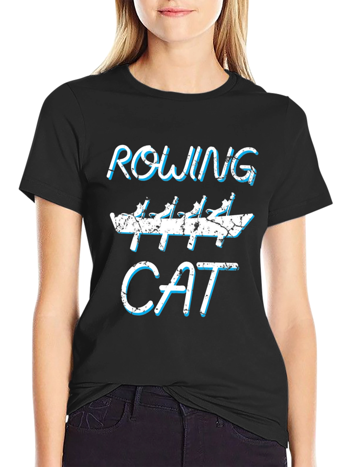 Rowing Cat Graphic Tee - Funny Black Cotton T-Shirt