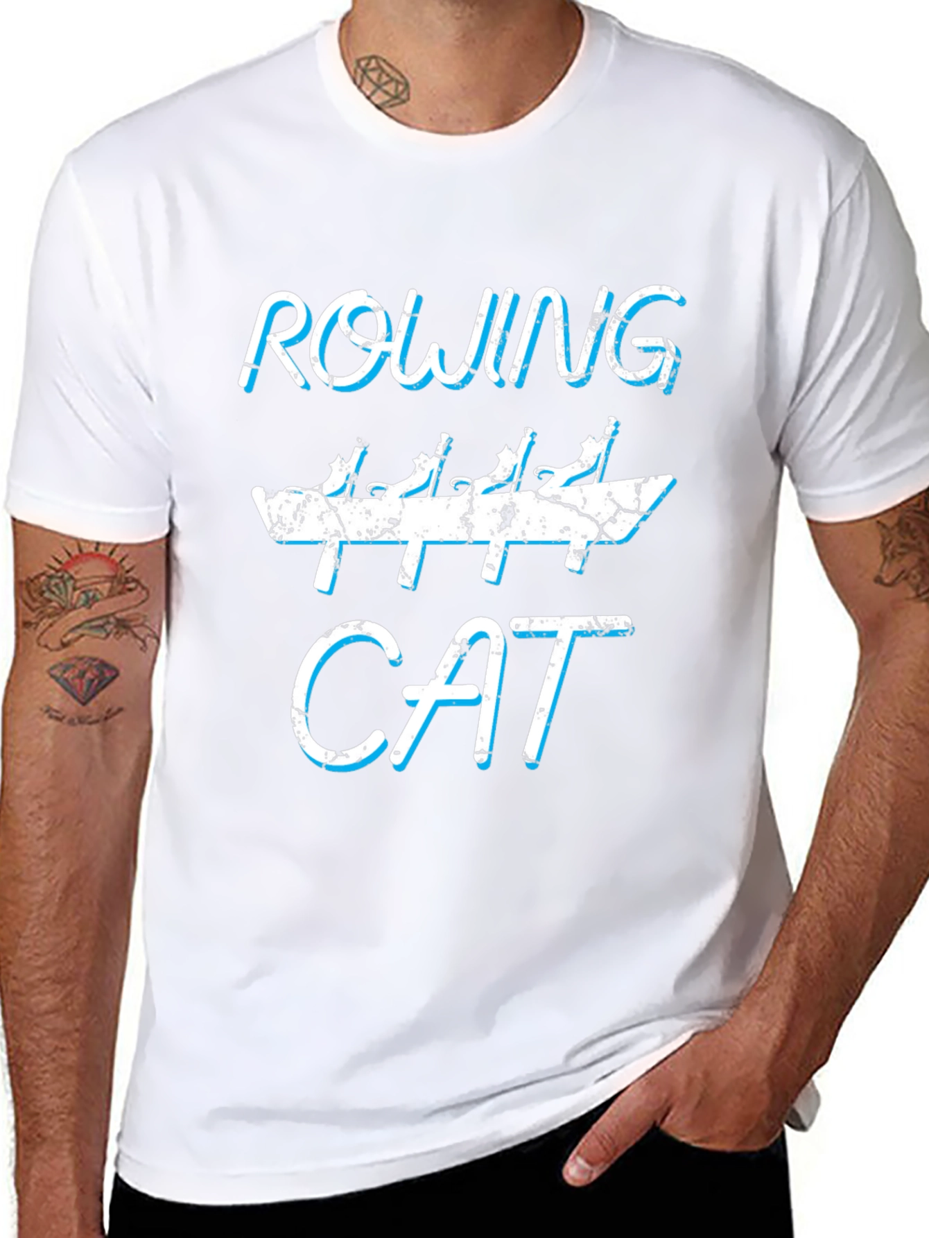 Rowing Cat Graphic Tee - Funny Black Cotton T-Shirt