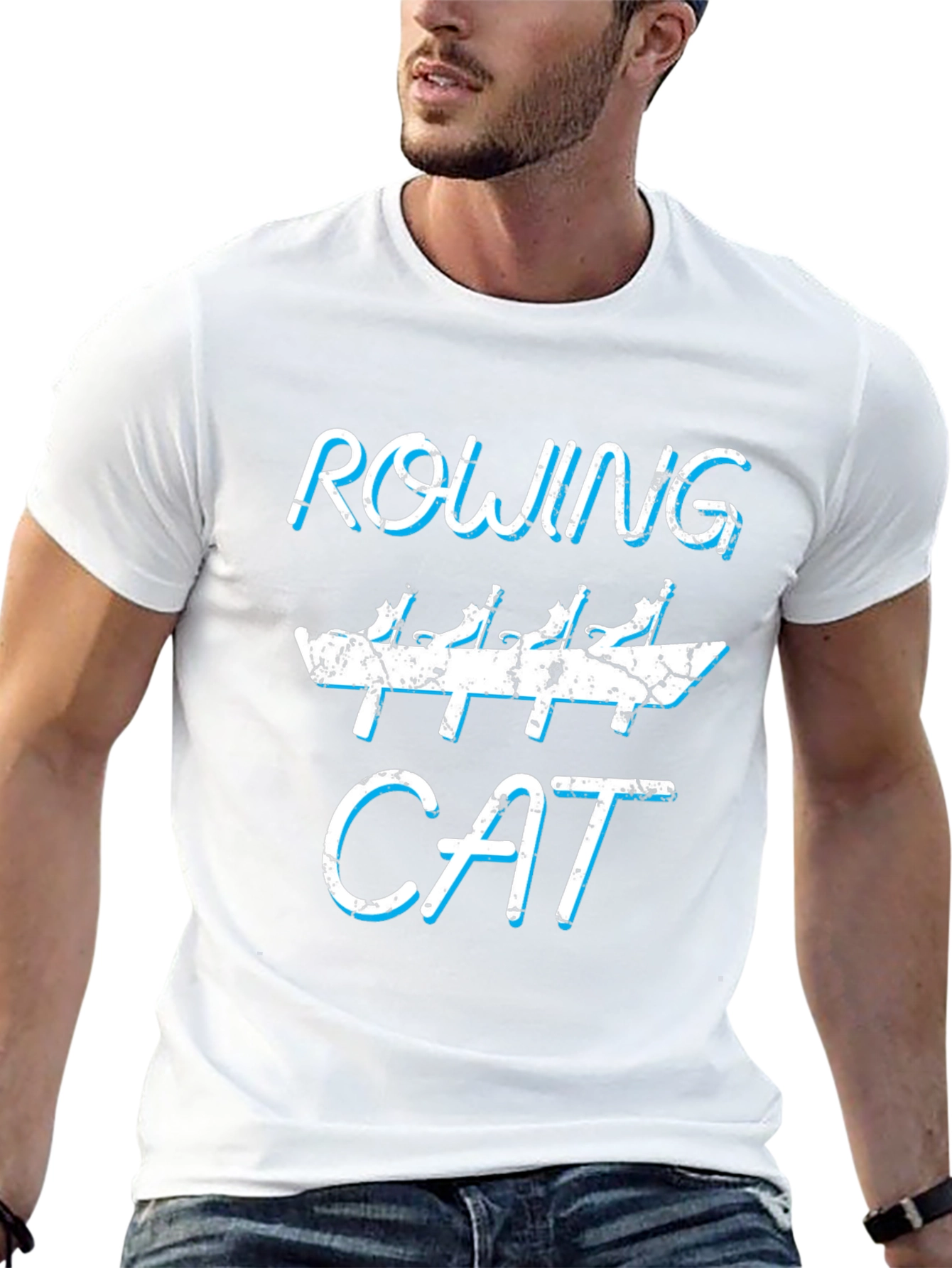 Rowing Cat Graphic Tee - Funny Black Cotton T-Shirt