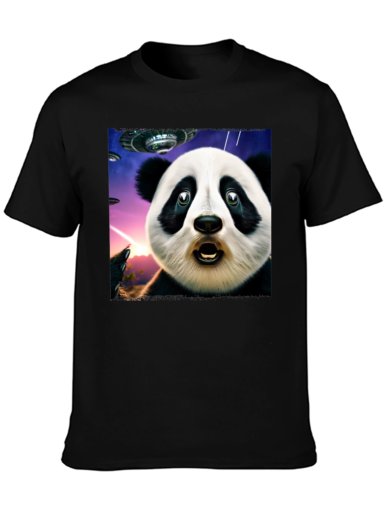Surprised Panda UFO Black T-Shirt