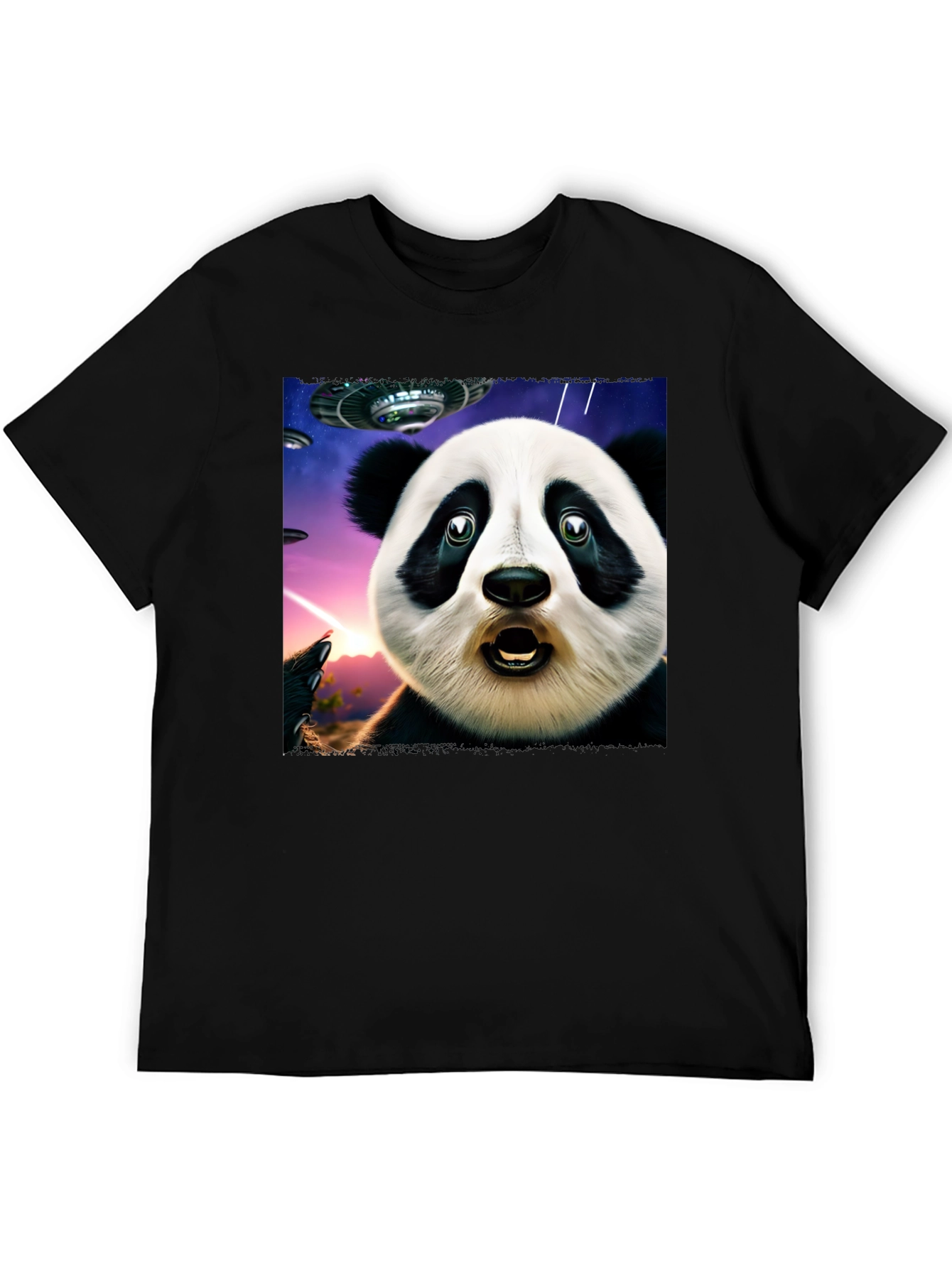 Surprised Panda UFO Black T-Shirt