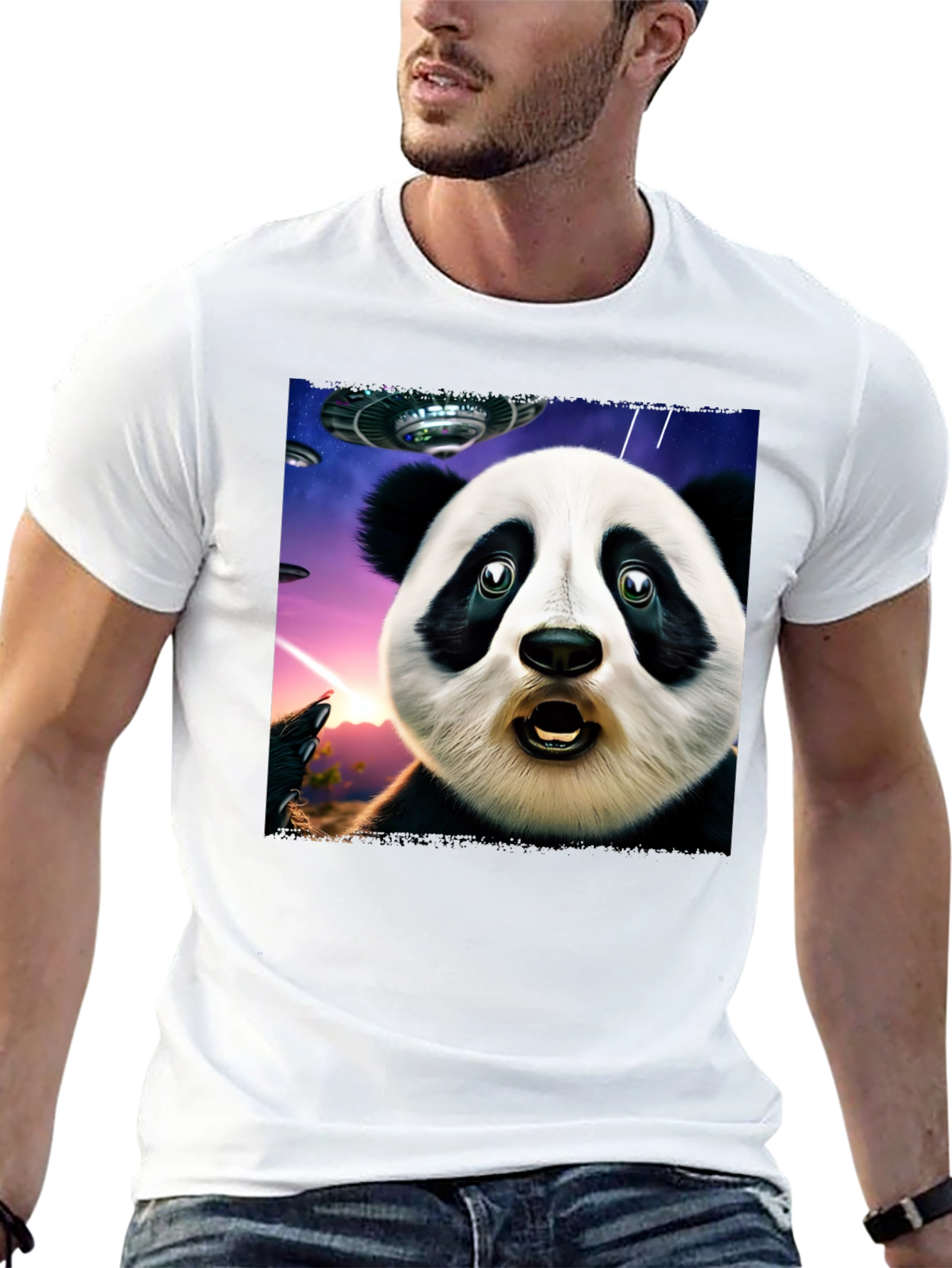 Surprised Panda UFO Black T-Shirt