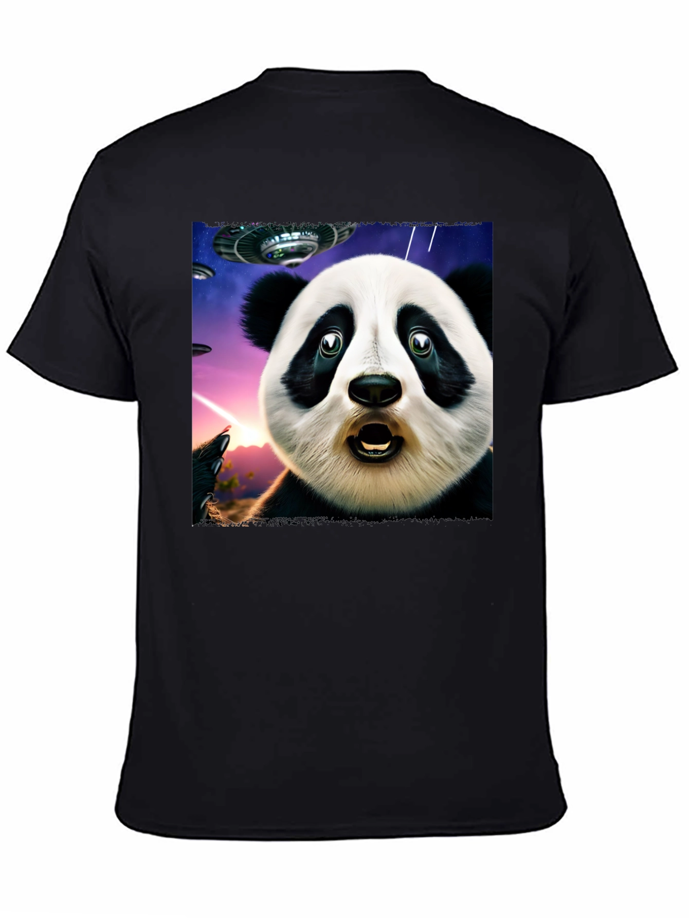Surprised Panda UFO Black T-Shirt