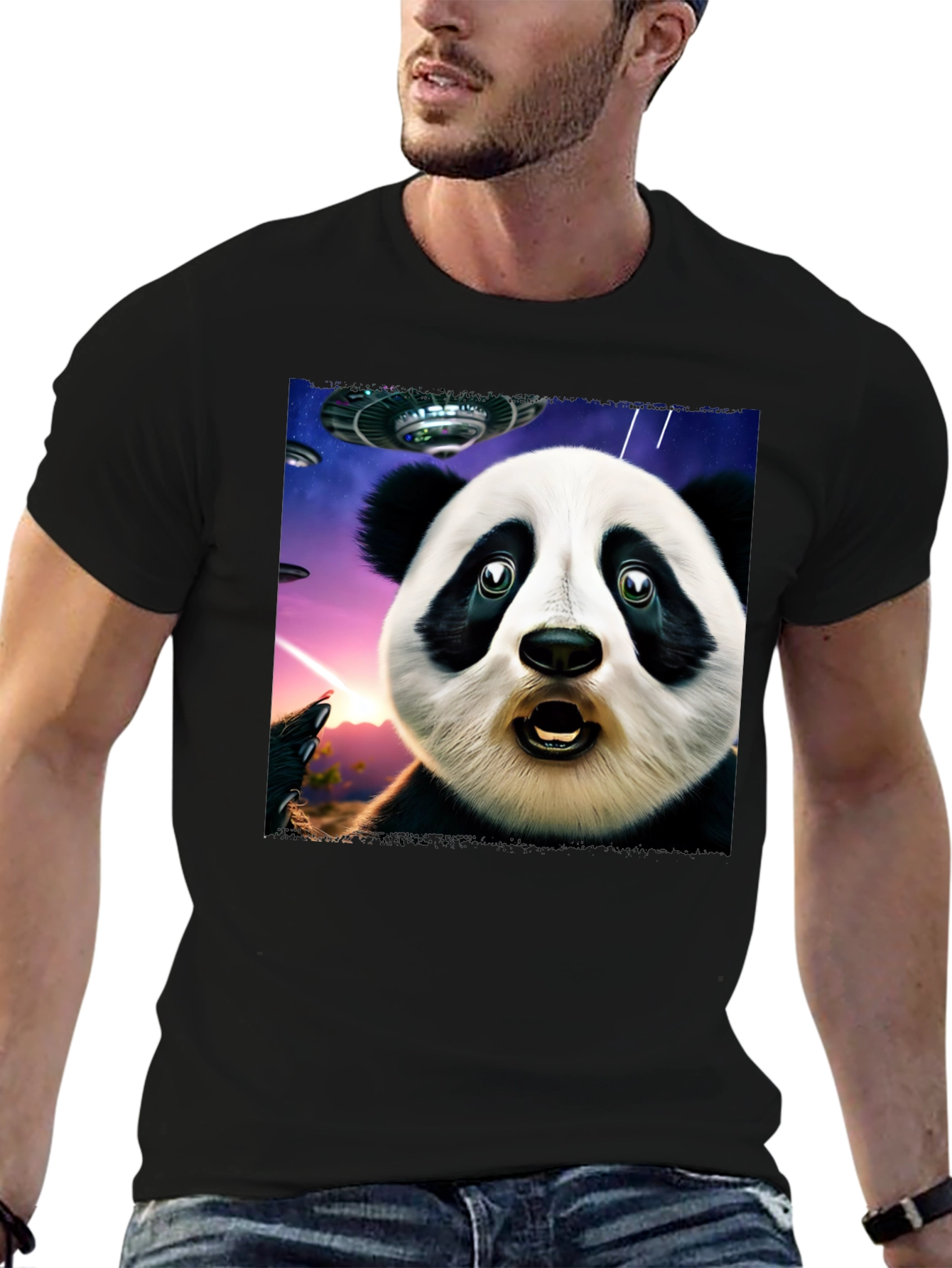 Surprised Panda UFO Black T-Shirt