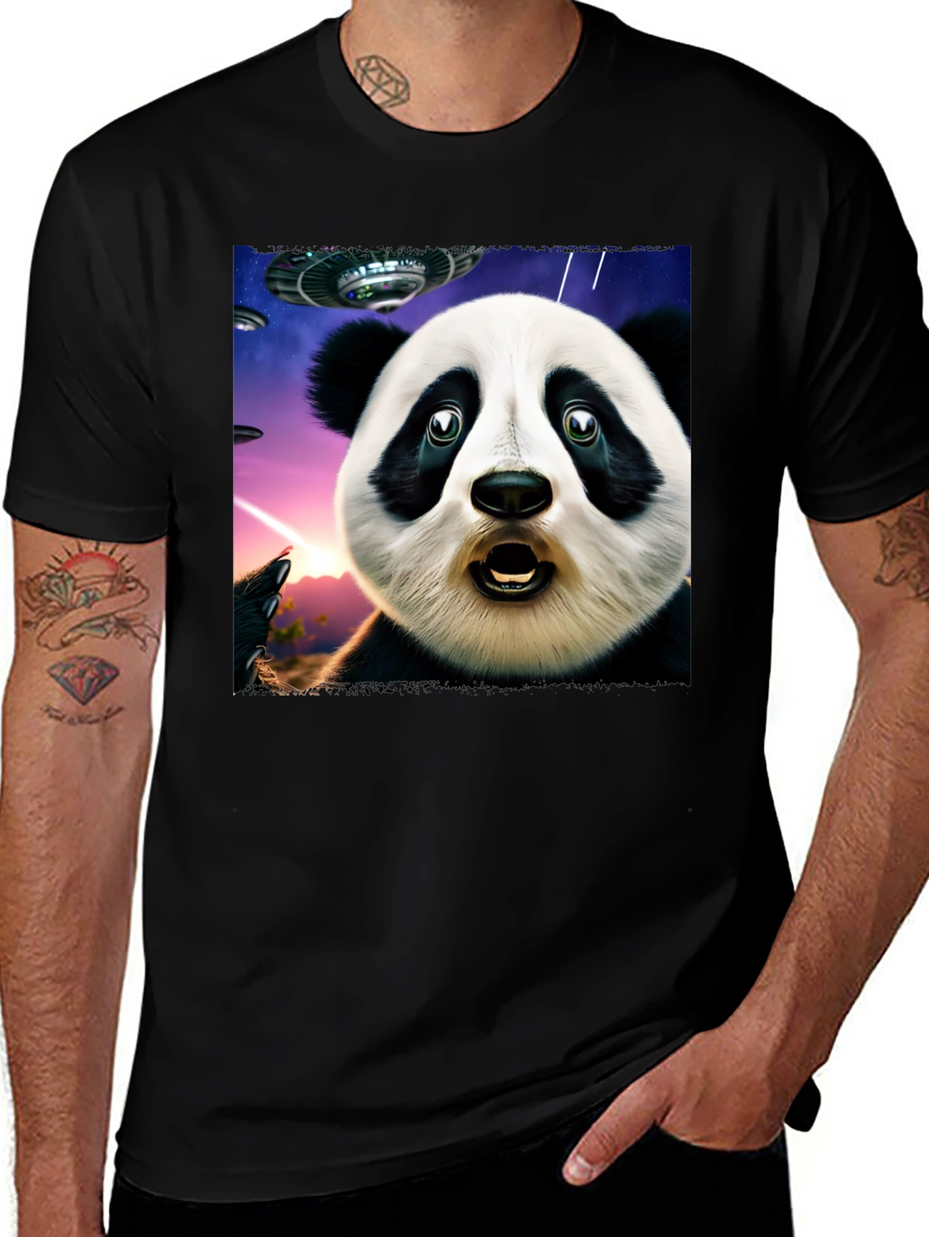 Surprised Panda UFO Black T-Shirt