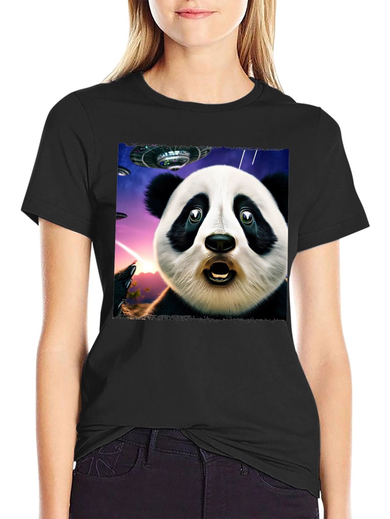 Surprised Panda UFO Black T-Shirt
