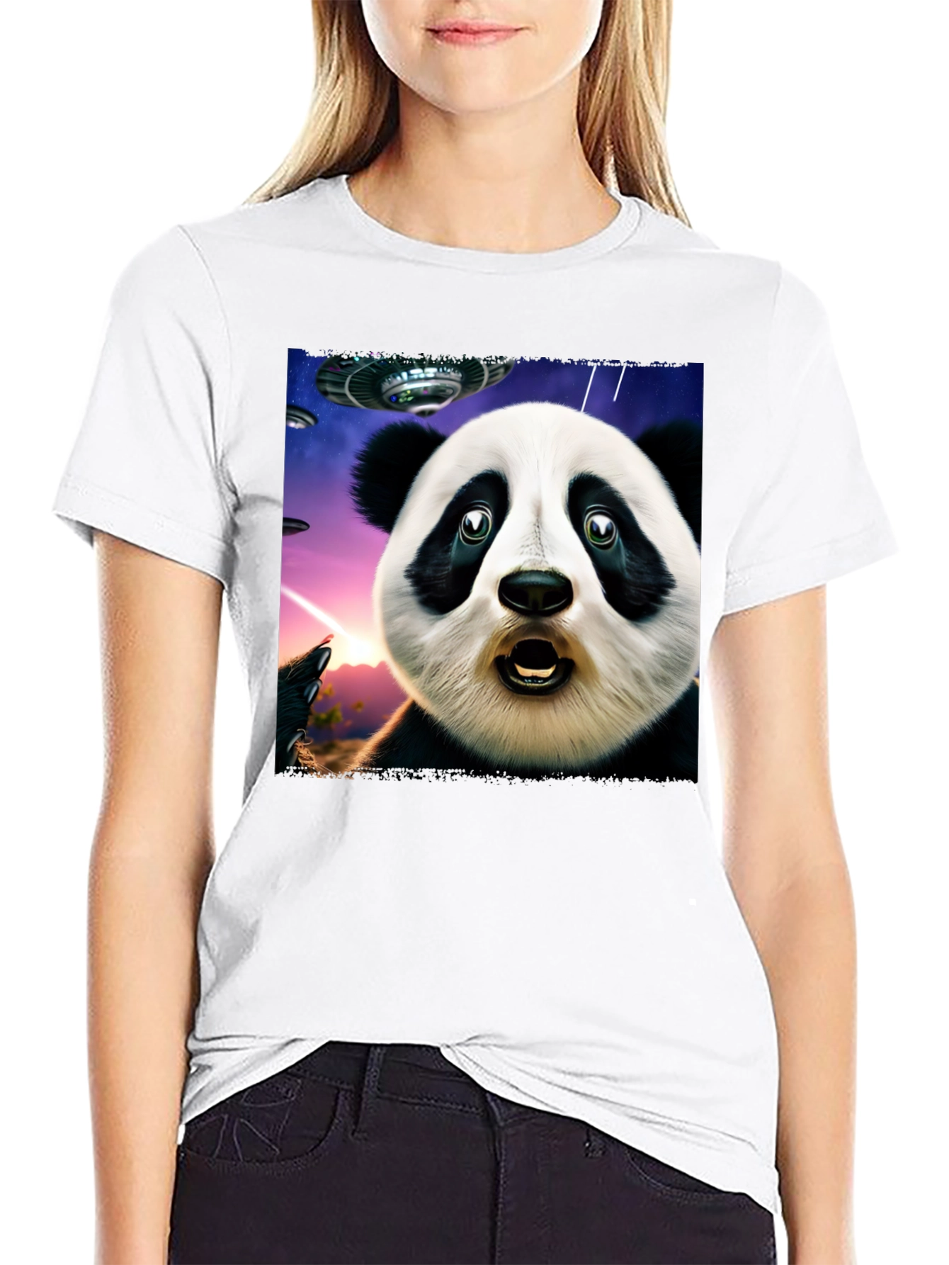 Surprised Panda UFO Black T-Shirt