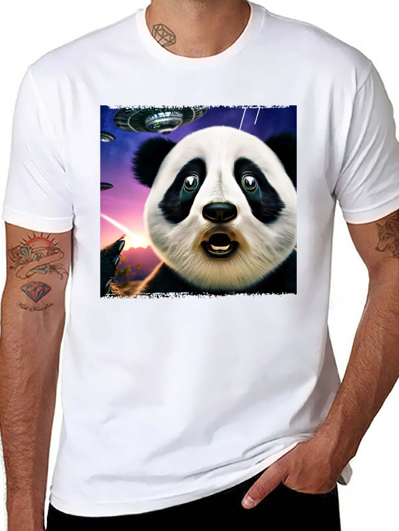 Surprised Panda UFO Black T-Shirt