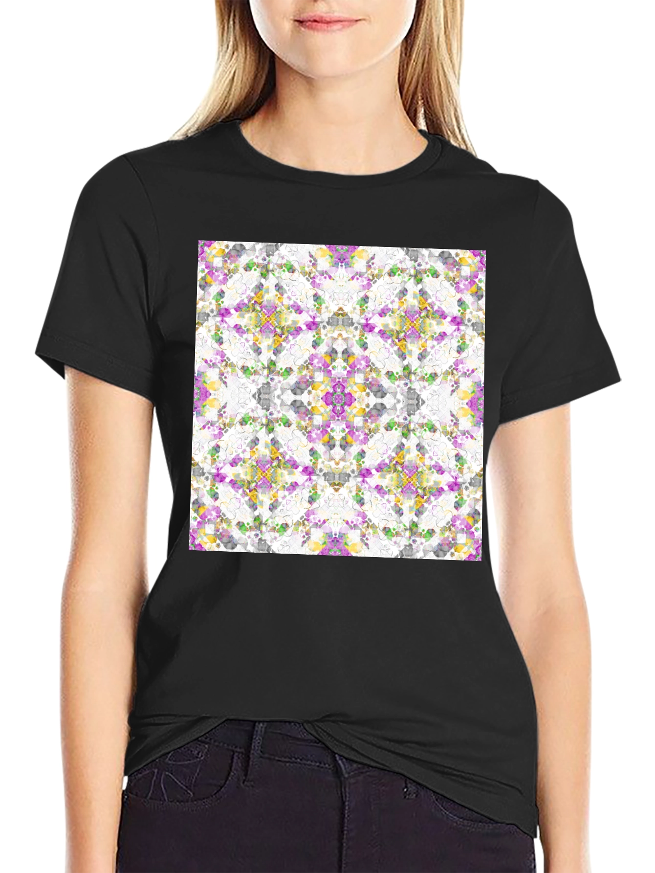 Kaleidoscope Mosaic Print Black T-Shirt